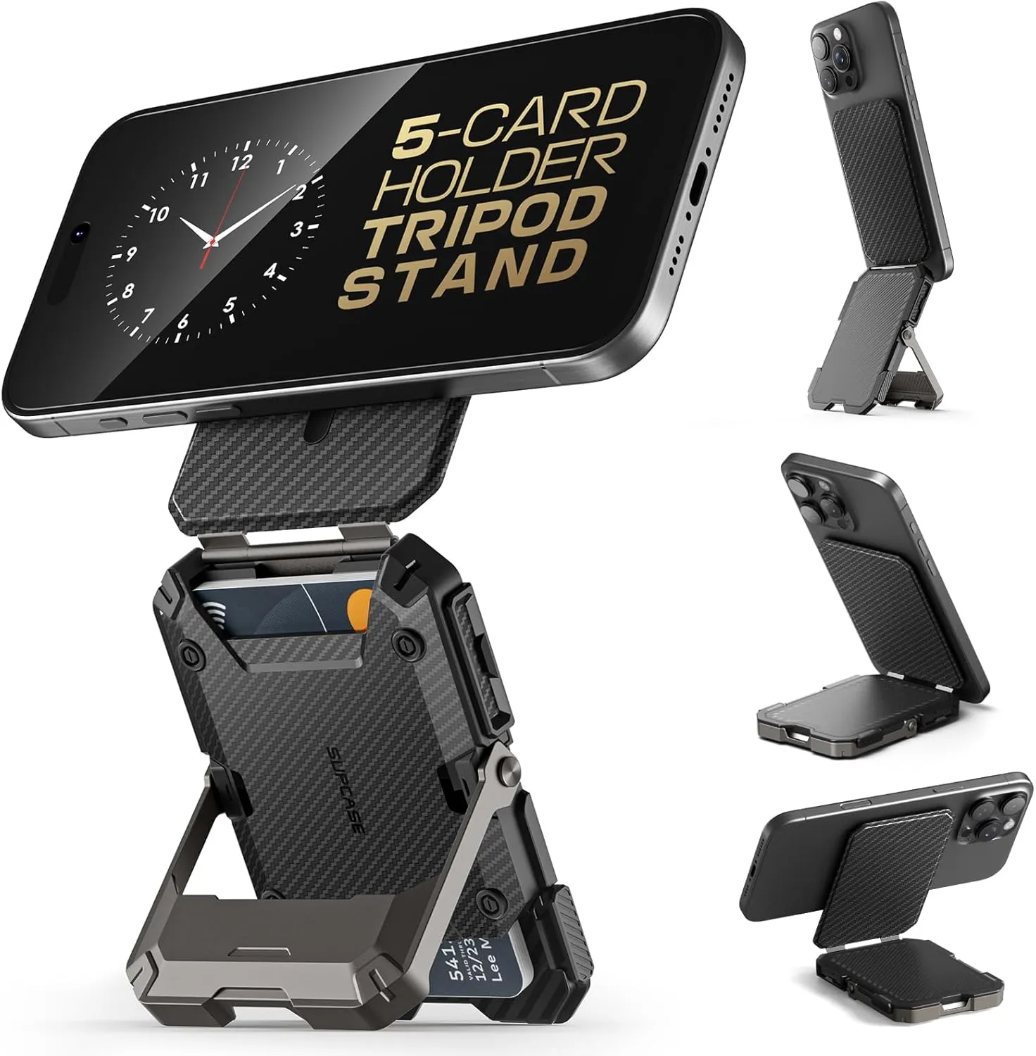 SUPCASE for MagSafe Wallet with Stand, Magnetic Wallet for Men, [Hold 5 Cards] [Adjustable Stand] [RFID Blocking] Phone Stand Credit Card Holder Tripod for iPhone 16/15/14/13/12 Series, Carbon