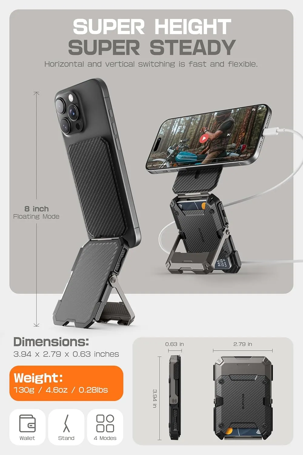 SUPCASE for MagSafe Wallet with Stand, Magnetic Wallet for Men, [Hold 5 Cards] [Adjustable Stand] [RFID Blocking] Phone Stand Credit Card Holder Tripod for iPhone 16/15/14/13/12 Series, Carbon
