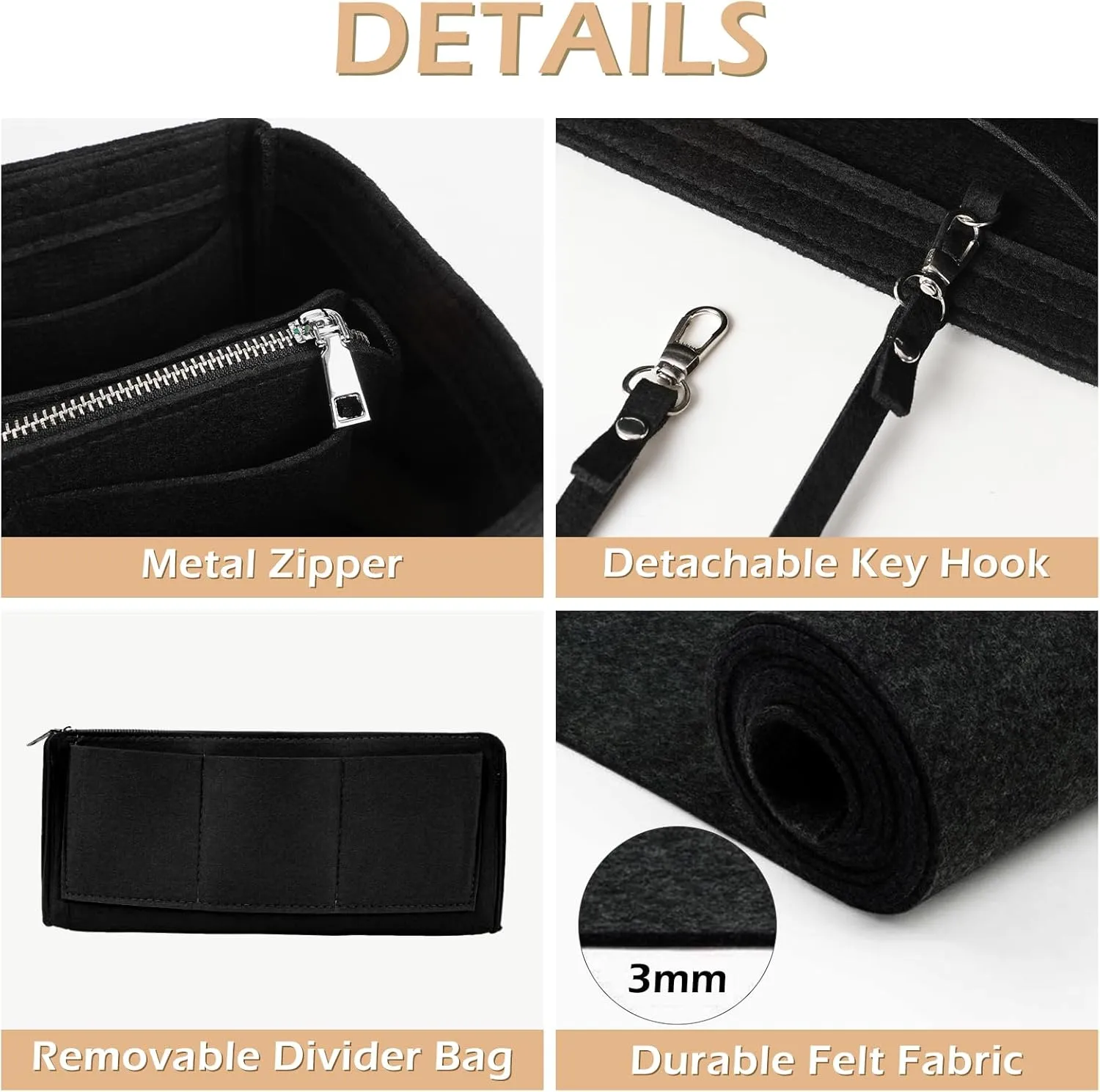 Surblue Purse Organizer Insert for Handbags, Felt Bag Organizer, Tote Bag Organizer, Tote Shaper Insert With Zippers, Thicken and Portable Handbag in Bag for Speedy Neverfull PM MM, (Black, M)