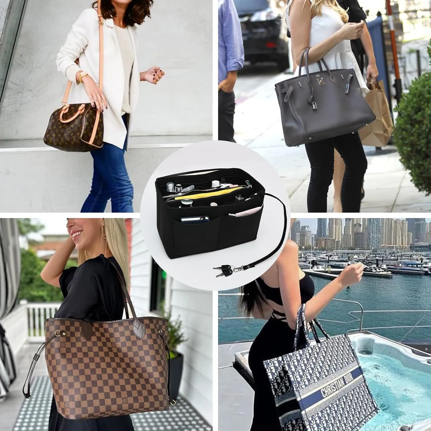 Surblue Purse Organizer Insert for Handbags, Felt Bag Organizer, Tote Bag Organizer, Tote Shaper Insert With Zippers, Thicken and Portable Handbag in Bag for Speedy Neverfull PM MM, (Black, M)