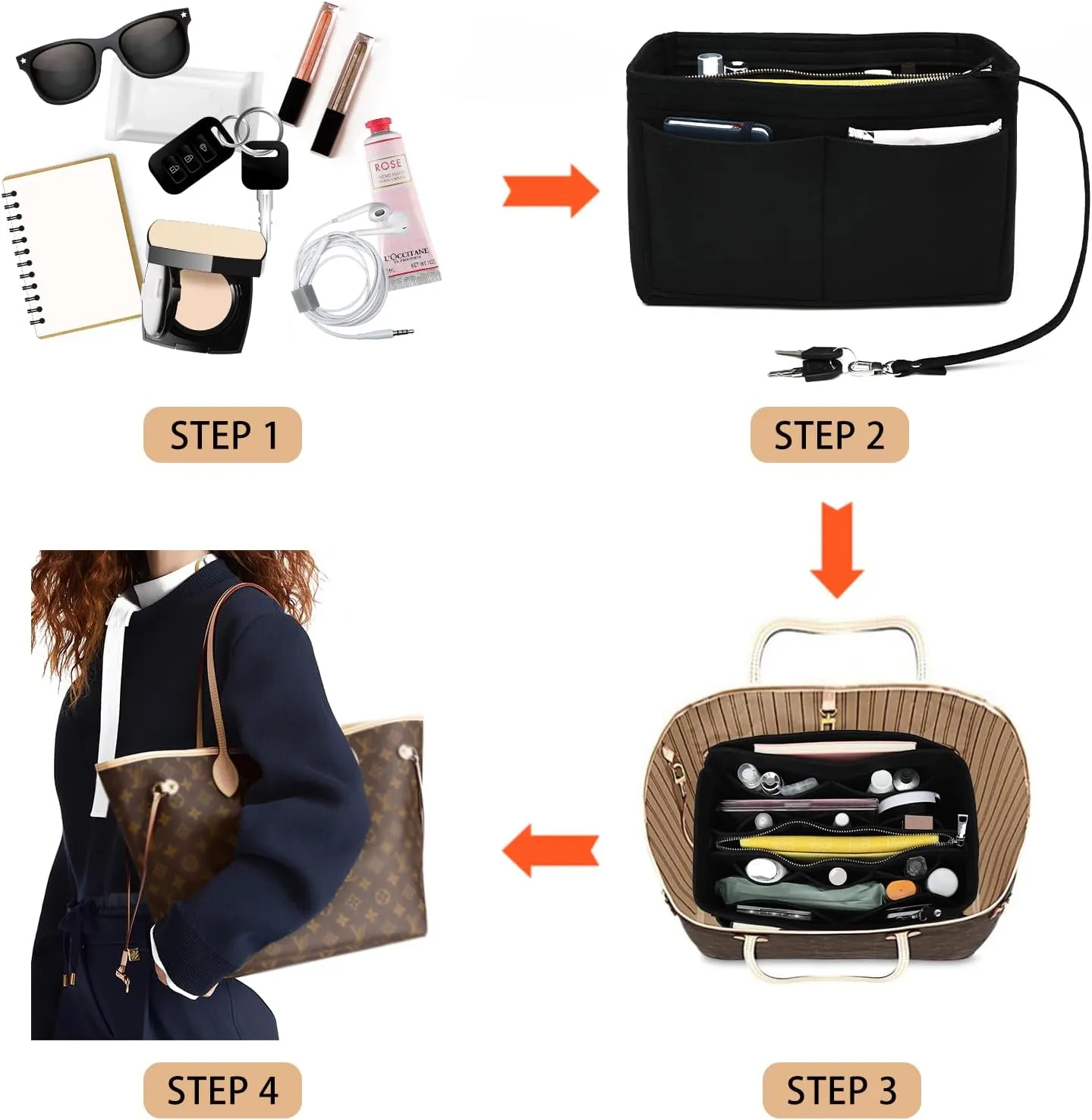 Surblue Purse Organizer Insert for Handbags, Felt Bag Organizer, Tote Bag Organizer, Tote Shaper Insert With Zippers, Thicken and Portable Handbag in Bag for Speedy Neverfull PM MM, (Black, M)