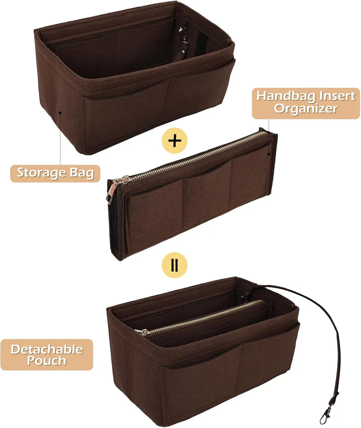 Surblue Purse Organizer Insert for Handbags, Felt Bag Organizer, Tote Bag Organizer, Tote Shaper Insert With Zippers, Thicken and Portable Handbag in Bag for Speedy Neverfull PM MM, (Brown, S)