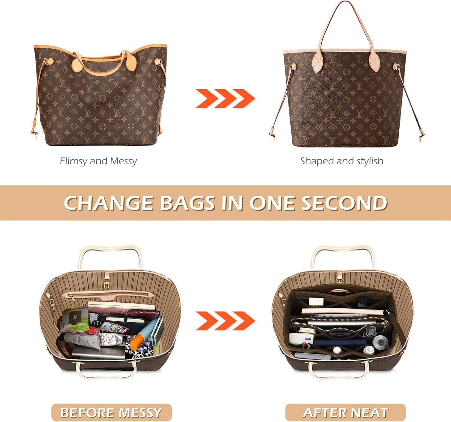 Surblue Purse Organizer Insert for Handbags, Felt Bag Organizer, Tote Bag Organizer, Tote Shaper Insert With Zippers, Thicken and Portable Handbag in Bag for Speedy Neverfull PM MM, (Brown, S)