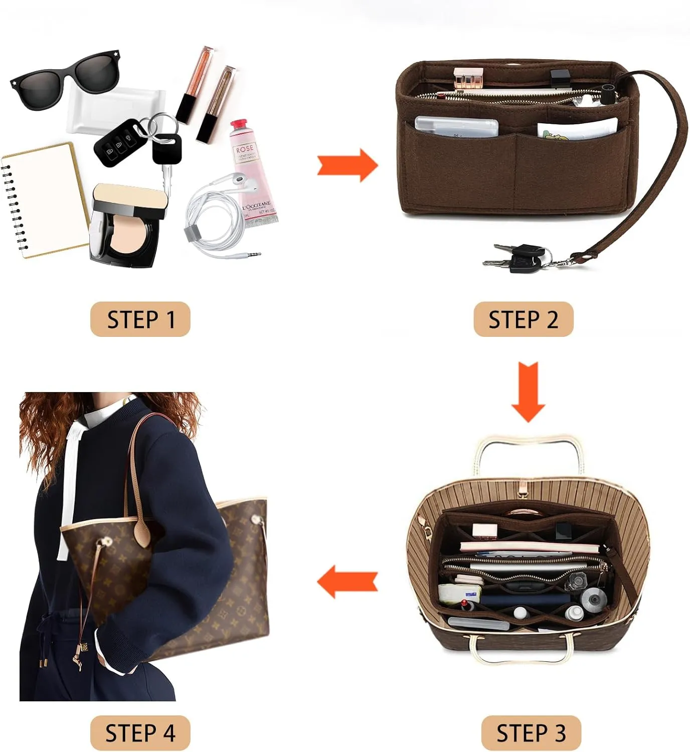 Surblue Purse Organizer Insert for Handbags, Felt Bag Organizer, Tote Bag Organizer, Tote Shaper Insert With Zippers, Thicken and Portable Handbag in Bag for Speedy Neverfull PM MM, (Brown, S)