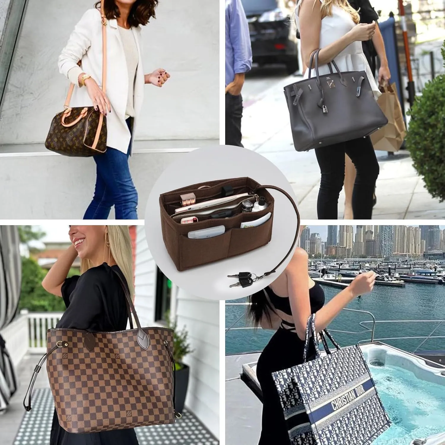 Surblue Purse Organizer Insert for Handbags, Felt Bag Organizer, Tote Bag Organizer, Tote Shaper Insert With Zippers, Thicken and Portable Handbag in Bag for Speedy Neverfull PM MM, (Brown, S)