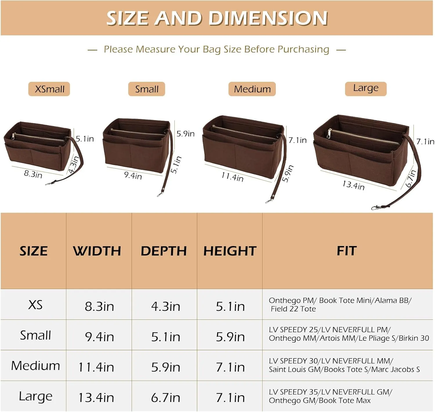 Surblue Purse Organizer Insert for Handbags, Felt Bag Organizer, Tote Bag Organizer, Tote Shaper Insert With Zippers, Thicken and Portable Handbag in Bag for Speedy Neverfull PM MM, (Brown, S)