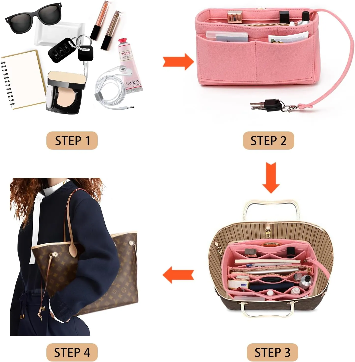 Surblue Purse Organizer Insert for Handbags, Felt Bag Organizer, Tote Bag Organizer, Tote Shaper Insert With Zippers, Thicken and Portable Handbag in Bag for Speedy Neverfull PM MM, (LightPink, XS)
