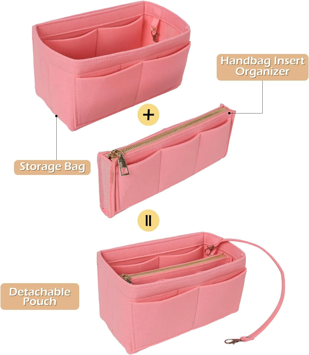 Surblue Purse Organizer Insert for Handbags, Felt Bag Organizer, Tote Bag Organizer, Tote Shaper Insert With Zippers, Thicken and Portable Handbag in Bag for Speedy Neverfull PM MM, (LightPink, XS)