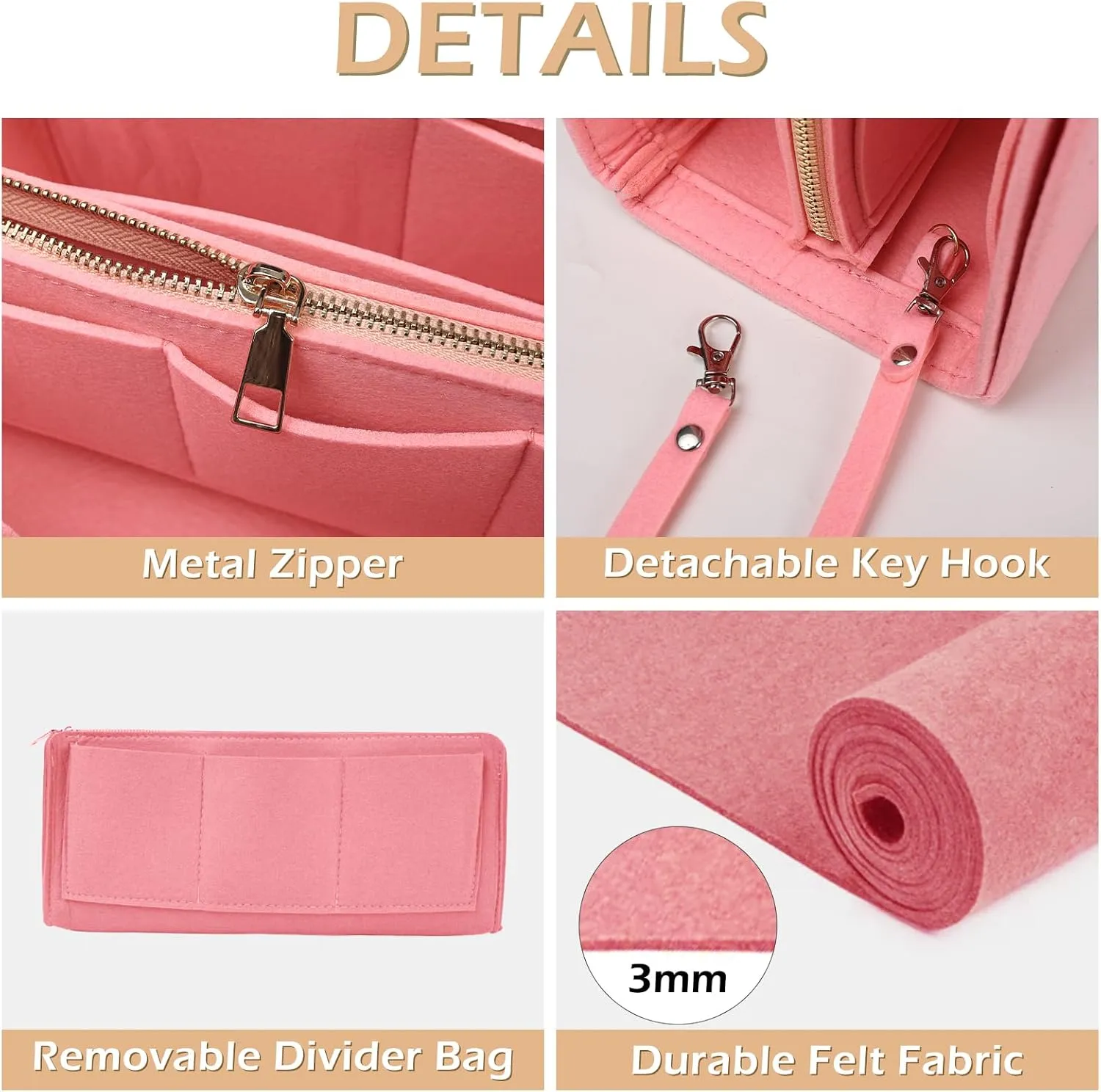 Surblue Purse Organizer Insert for Handbags, Felt Bag Organizer, Tote Bag Organizer, Tote Shaper Insert With Zippers, Thicken and Portable Handbag in Bag for Speedy Neverfull PM MM, (LightPink, XS)