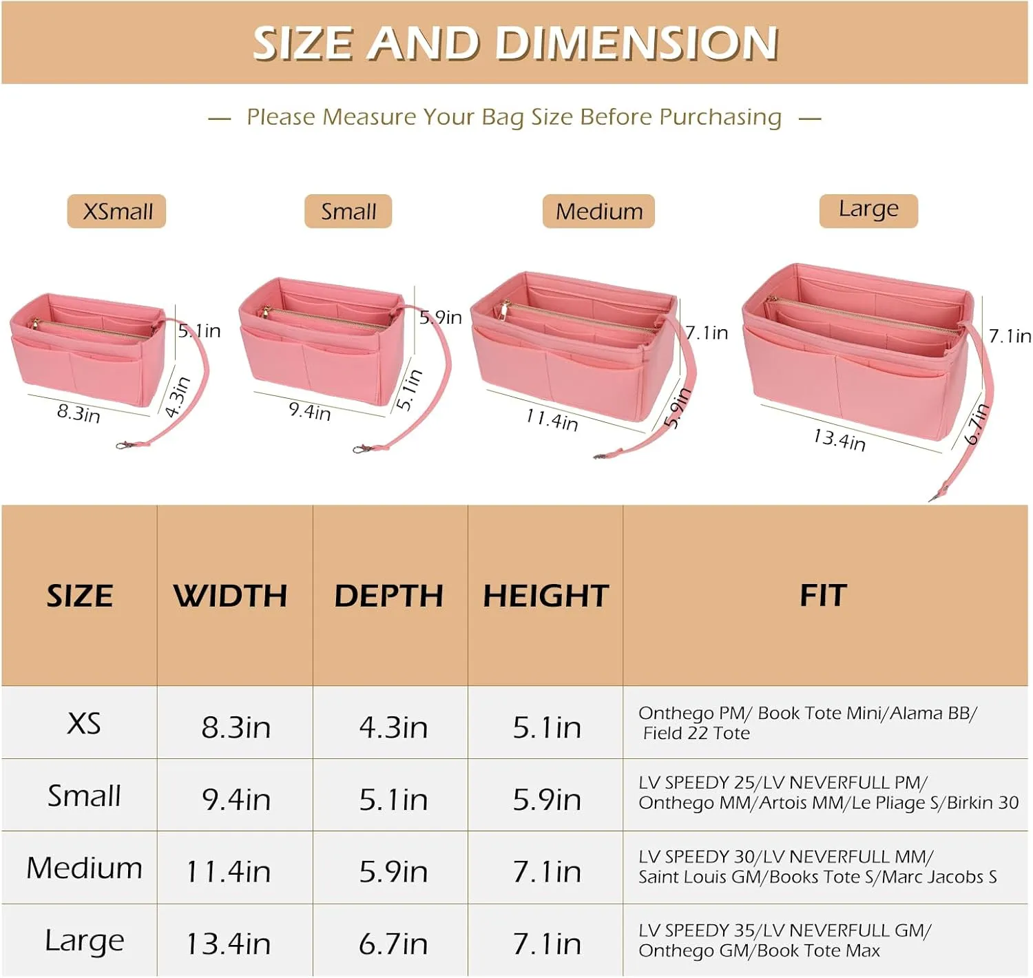 Surblue Purse Organizer Insert for Handbags, Felt Bag Organizer, Tote Bag Organizer, Tote Shaper Insert With Zippers, Thicken and Portable Handbag in Bag for Speedy Neverfull PM MM, (LightPink, XS)