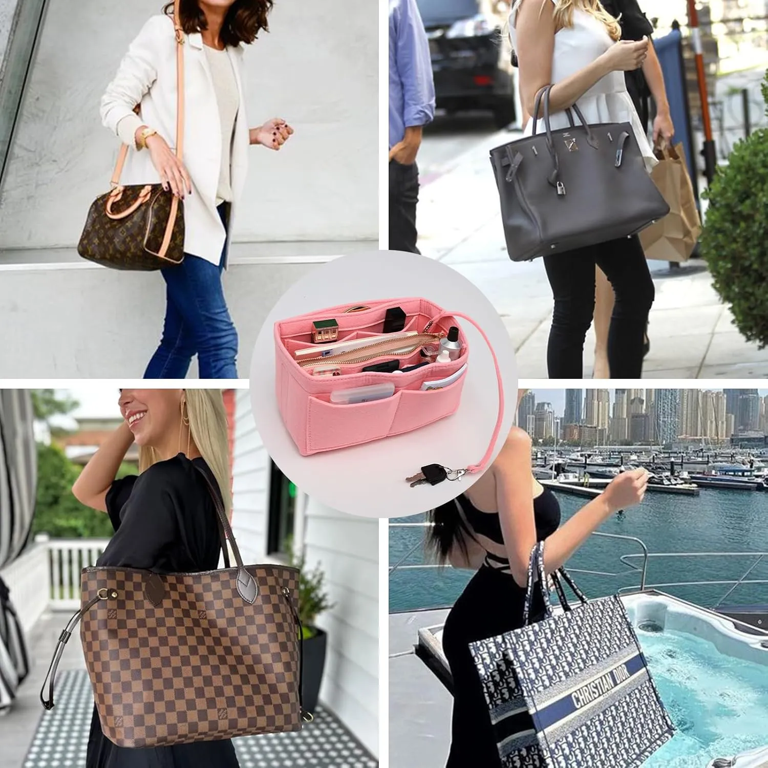 Surblue Purse Organizer Insert for Handbags, Felt Bag Organizer, Tote Bag Organizer, Tote Shaper Insert With Zippers, Thicken and Portable Handbag in Bag for Speedy Neverfull PM MM, (LightPink, XS)
