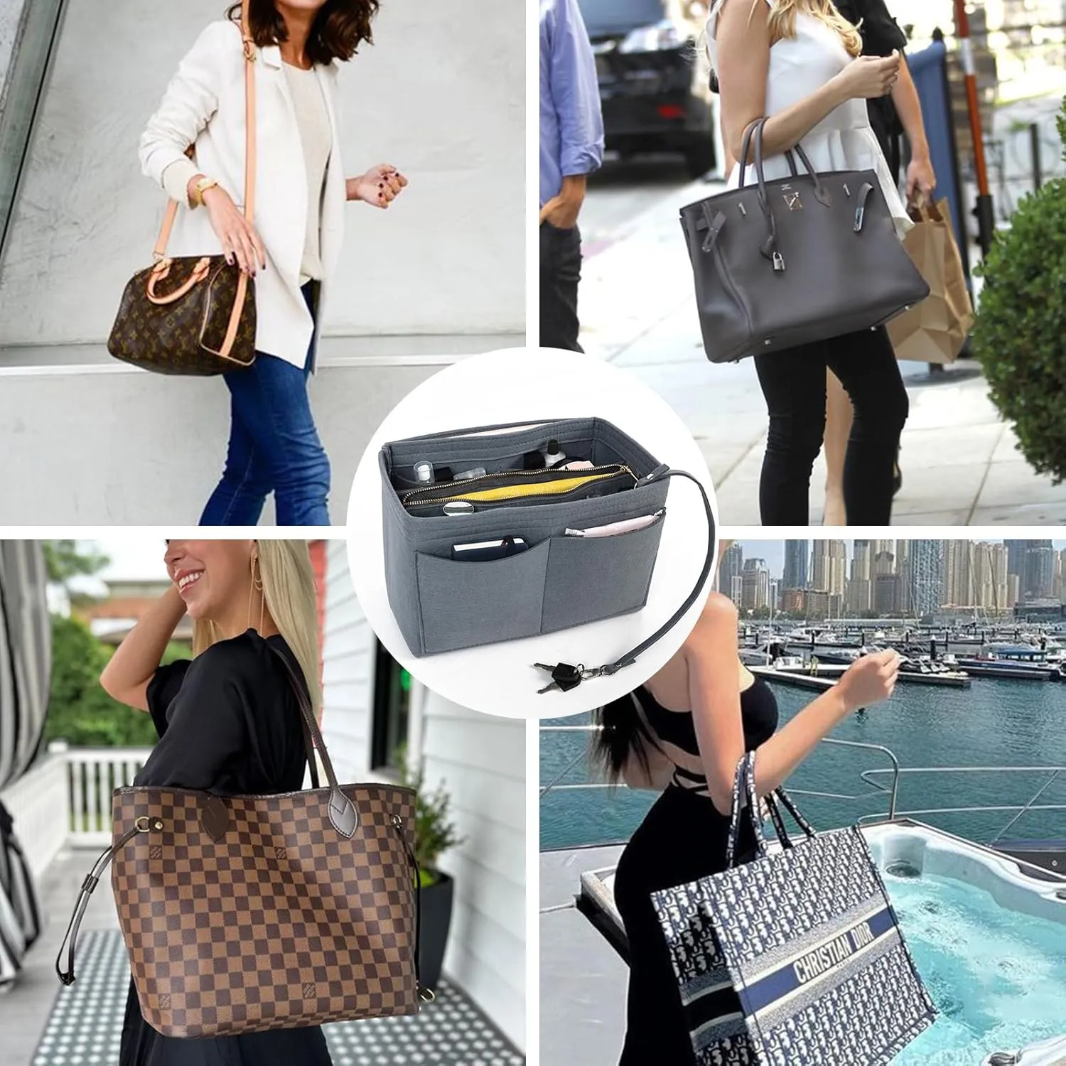 Surblue Purse Organizer Insert for Handbags, Felt Bag Organizer, Tote Bag Organizer, Tote Shaper Insert With Zippers, Thicken and Portable Handbag in Bag for Speedy Neverfull PM MM, (Newgray, M)