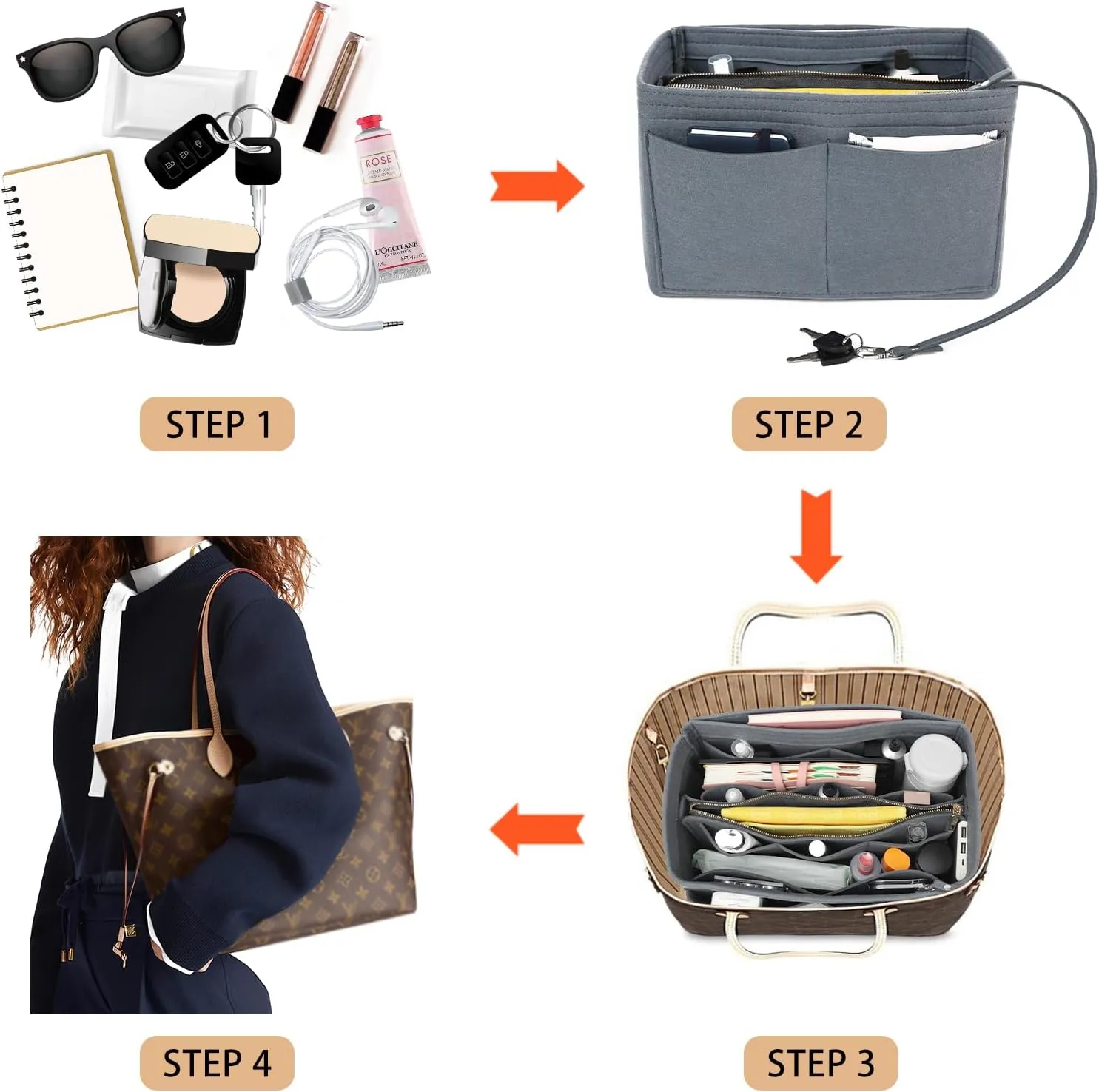 Surblue Purse Organizer Insert for Handbags, Felt Bag Organizer, Tote Bag Organizer, Tote Shaper Insert With Zippers, Thicken and Portable Handbag in Bag for Speedy Neverfull PM MM, (Newgray, M)