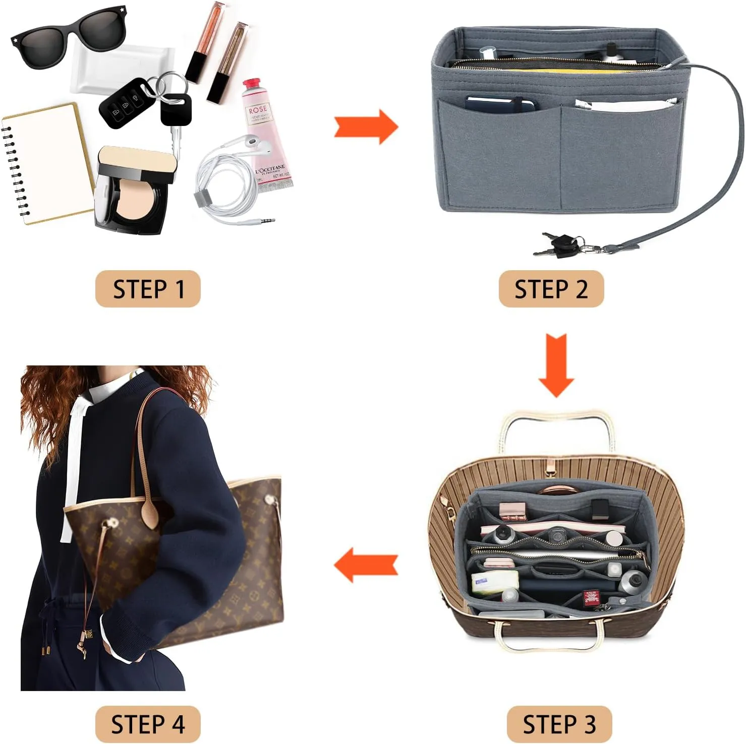 Surblue Purse Organizer Insert for Handbags, Felt Bag Organizer, Tote Bag Organizer, Tote Shaper Insert With Zippers, Thicken and Portable Handbag in Bag for Speedy Neverfull PM MM, (Newgray, S)