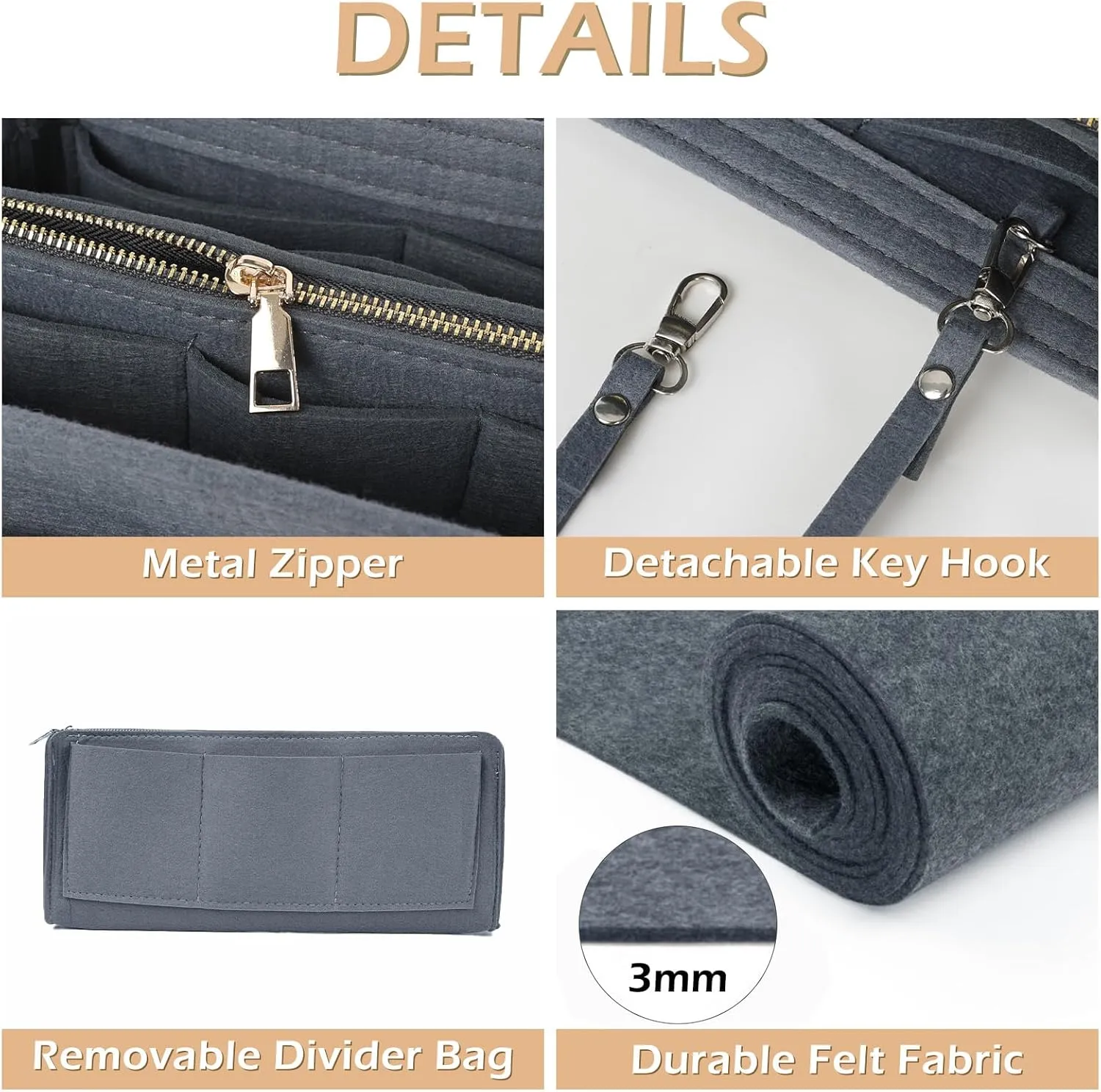 Surblue Purse Organizer Insert for Handbags, Felt Bag Organizer, Tote Bag Organizer, Tote Shaper Insert With Zippers, Thicken and Portable Handbag in Bag for Speedy Neverfull PM MM, (Newgray, S)