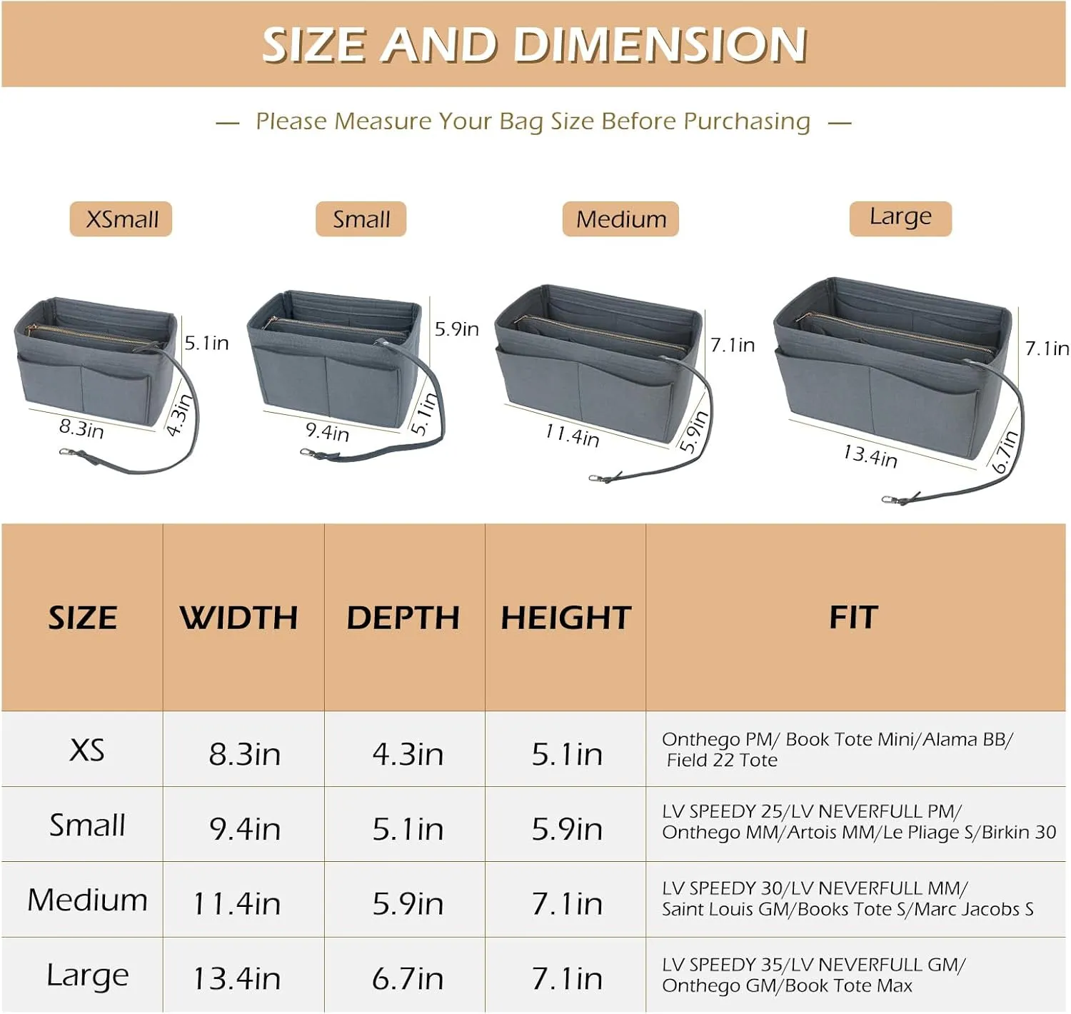 Surblue Purse Organizer Insert for Handbags, Felt Bag Organizer, Tote Bag Organizer, Tote Shaper Insert With Zippers, Thicken and Portable Handbag in Bag for Speedy Neverfull PM MM, (Newgray, S)