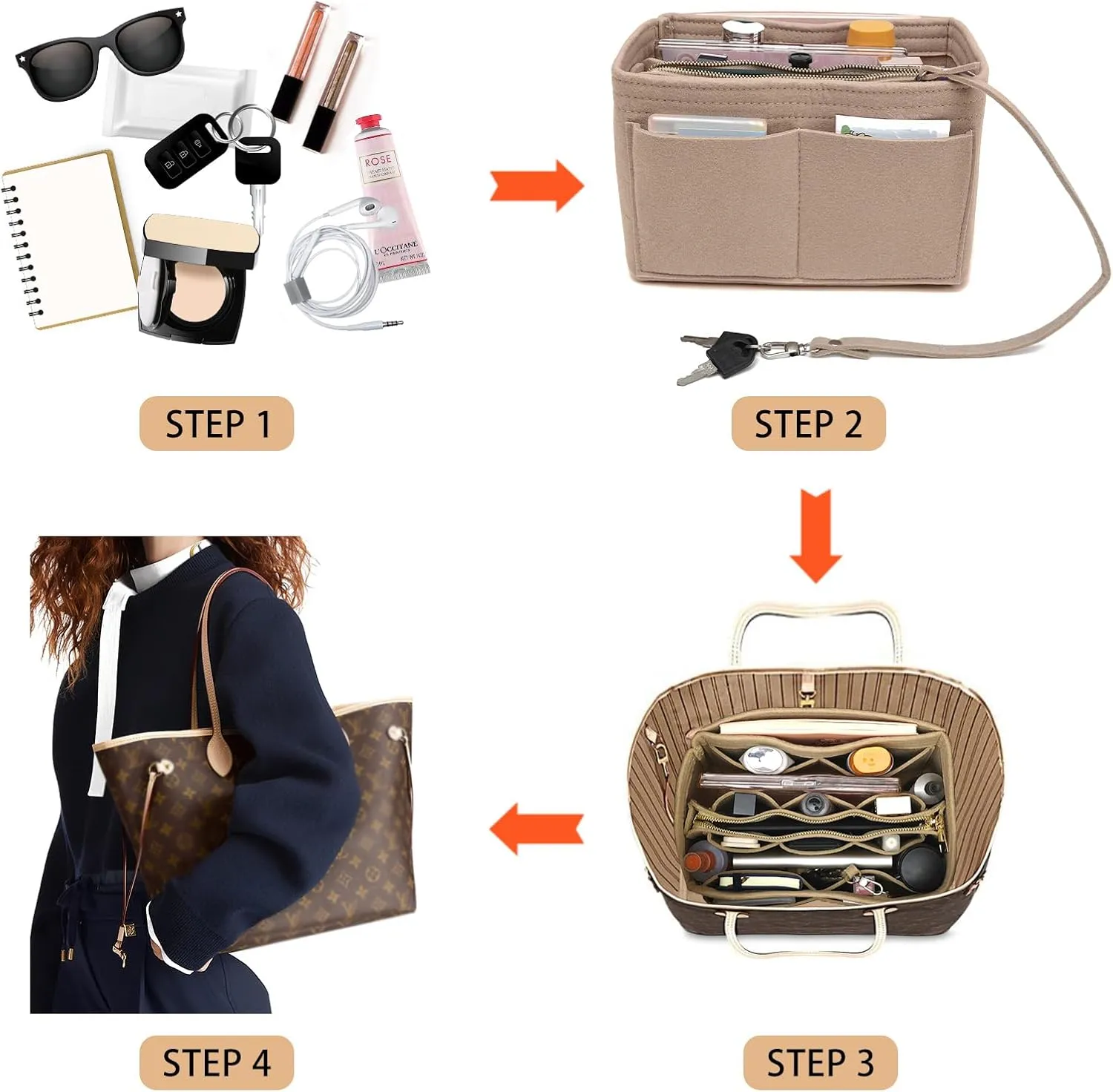 Surblue Purse Organizer Insert for Handbags, Felt Bag Organizer, Tote Bag Organizer, Tote Shaper Insert With Zippers, Thicken and Portable Handbag in Bag for Speedy Neverfull PM MM, (NewKhaki, S)