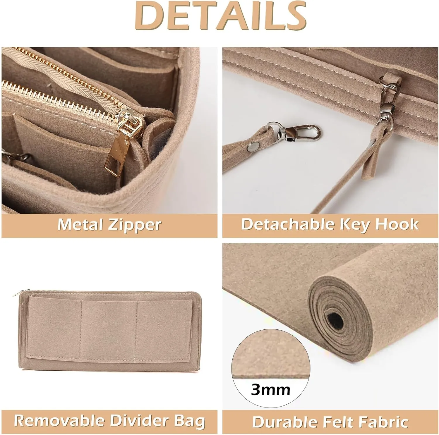 Surblue Purse Organizer Insert for Handbags, Felt Bag Organizer, Tote Bag Organizer, Tote Shaper Insert With Zippers, Thicken and Portable Handbag in Bag for Speedy Neverfull PM MM, (NewKhaki, S)