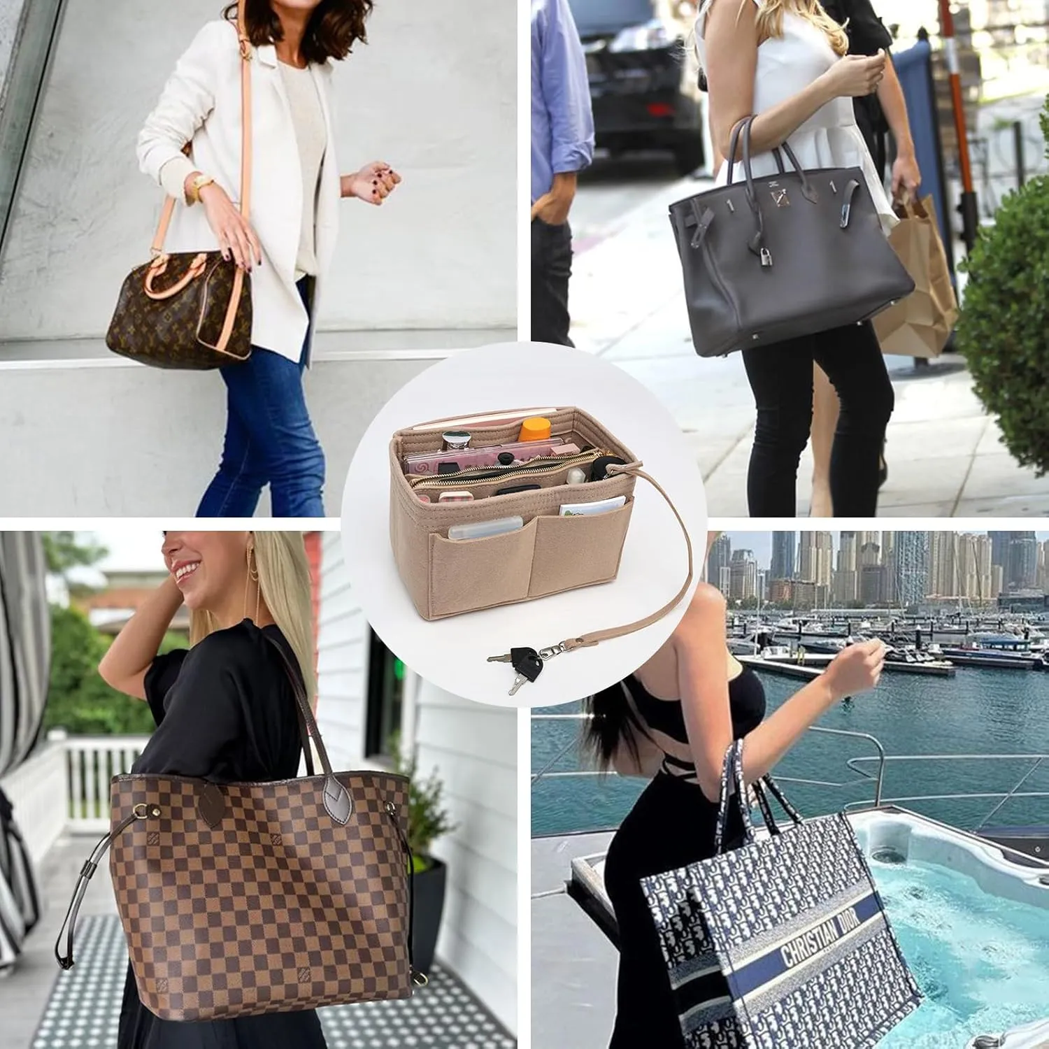 Surblue Purse Organizer Insert for Handbags, Felt Bag Organizer, Tote Bag Organizer, Tote Shaper Insert With Zippers, Thicken and Portable Handbag in Bag for Speedy Neverfull PM MM, (NewKhaki, S)