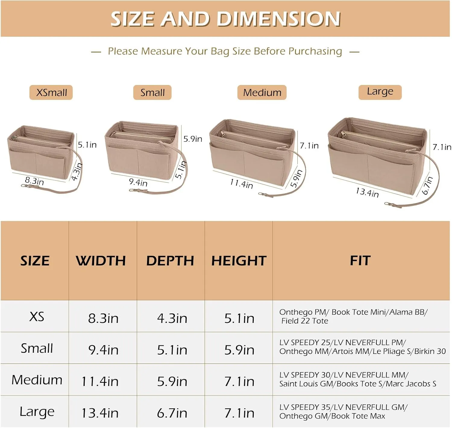 Surblue Purse Organizer Insert for Handbags, Felt Bag Organizer, Tote Bag Organizer, Tote Shaper Insert With Zippers, Thicken and Portable Handbag in Bag for Speedy Neverfull PM MM, (NewKhaki, S)