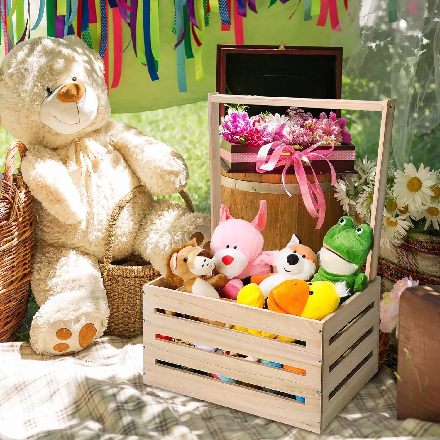 Suzile Wooden Baby Shower Crate Closet, Wood Hamper New Baby Gift Basket with Handle Gender Reveal Storage Box for Pregnancy New Parent(Wood Color,Classic)