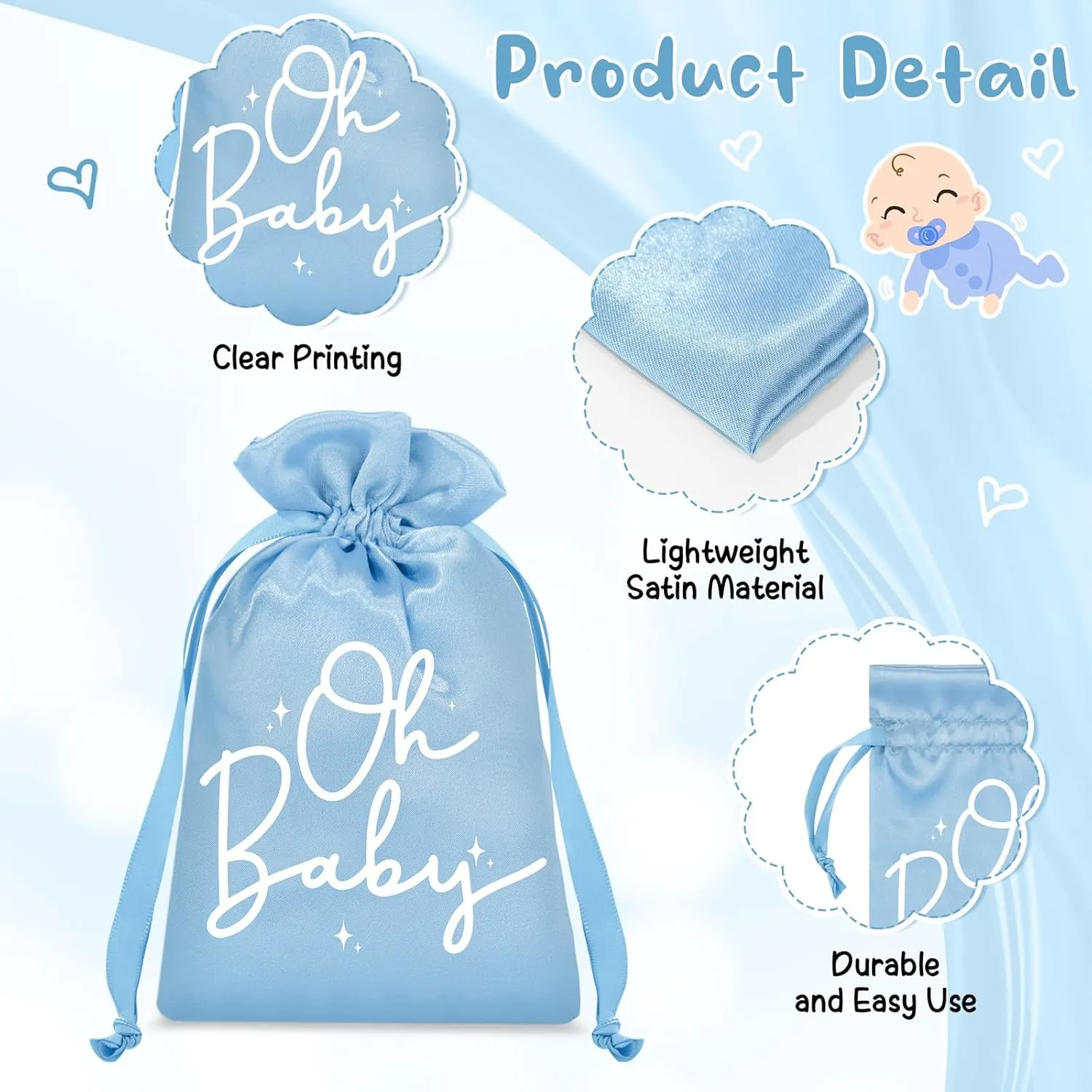 Sweetude 25 Pcs Baby Shower Favors for Guests Satin Gift Bags with Drawstring Fabric Drawstring Pouch for Baby Shower Gender Neutral Gender Reveal Decorations(Blue)