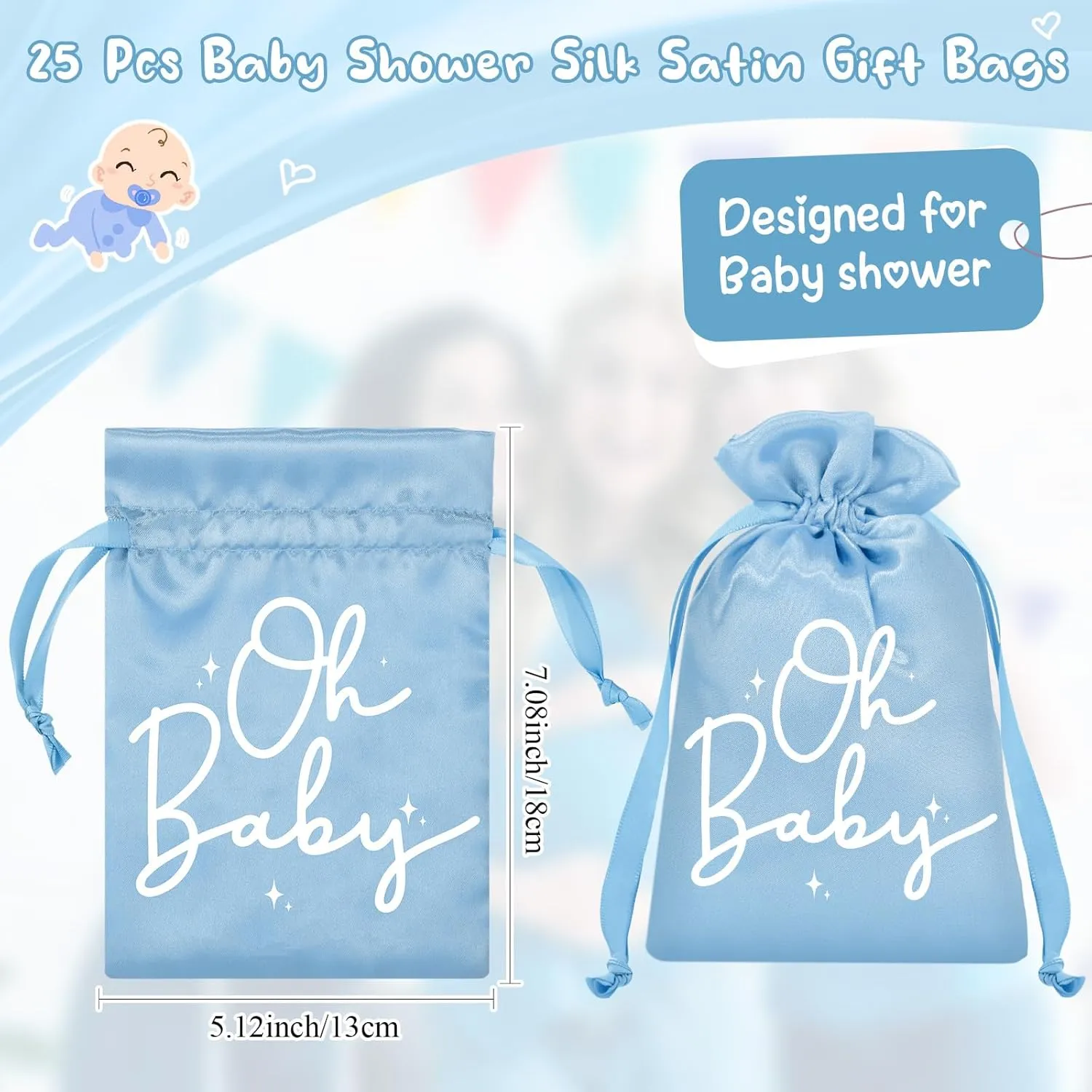 Sweetude 25 Pcs Baby Shower Favors for Guests Satin Gift Bags with Drawstring Fabric Drawstring Pouch for Baby Shower Gender Neutral Gender Reveal Decorations(Blue)