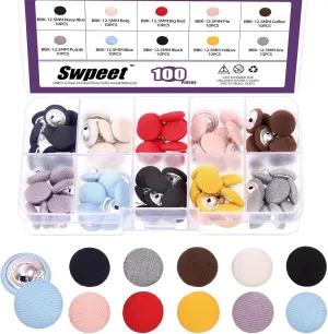 Swpeet 100Pcs 10 Colors 12.5mm Fabric Cloth Covered Metal Shank Round Buttons Assortment Kit, Perfect for Bridal Wedding, Satin Blouse Prom & Formal Dresses