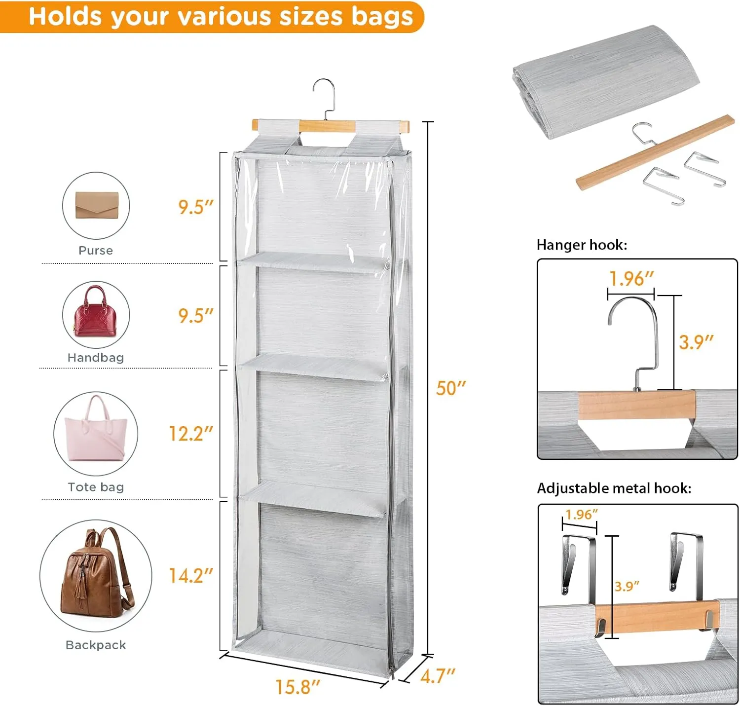 Syeeiex Hanging Handbag Purse Organizer with Zippers, Clear Slubbed Fabric PVC Hanging Closet Bag Organizer, 4 Mesh Shelves,Dustproof Handbag Closet Tote Storage Bag for Door, Wardrobe, Shelf Rack