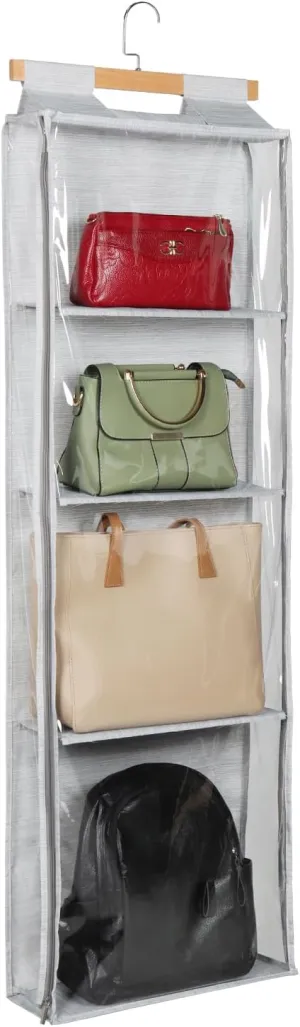 Syeeiex Hanging Handbag Purse Organizer with Zippers, Clear Slubbed Fabric PVC Hanging Closet Bag Organizer, 4 Mesh Shelves,Dustproof Handbag Closet Tote Storage Bag for Door, Wardrobe, Shelf Rack