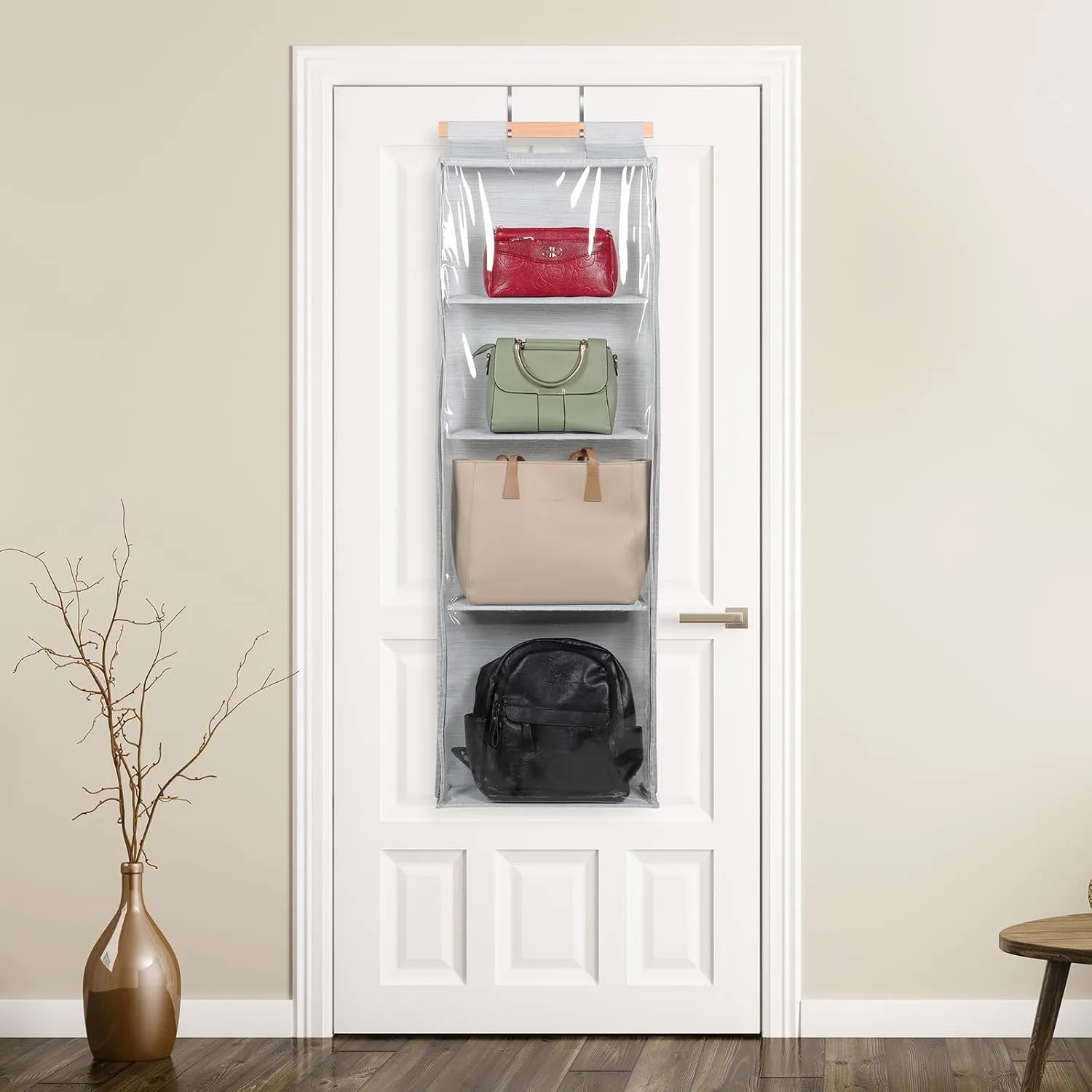Syeeiex Hanging Handbag Purse Organizer with Zippers, Clear Slubbed Fabric PVC Hanging Closet Bag Organizer, 4 Mesh Shelves,Dustproof Handbag Closet Tote Storage Bag for Door, Wardrobe, Shelf Rack