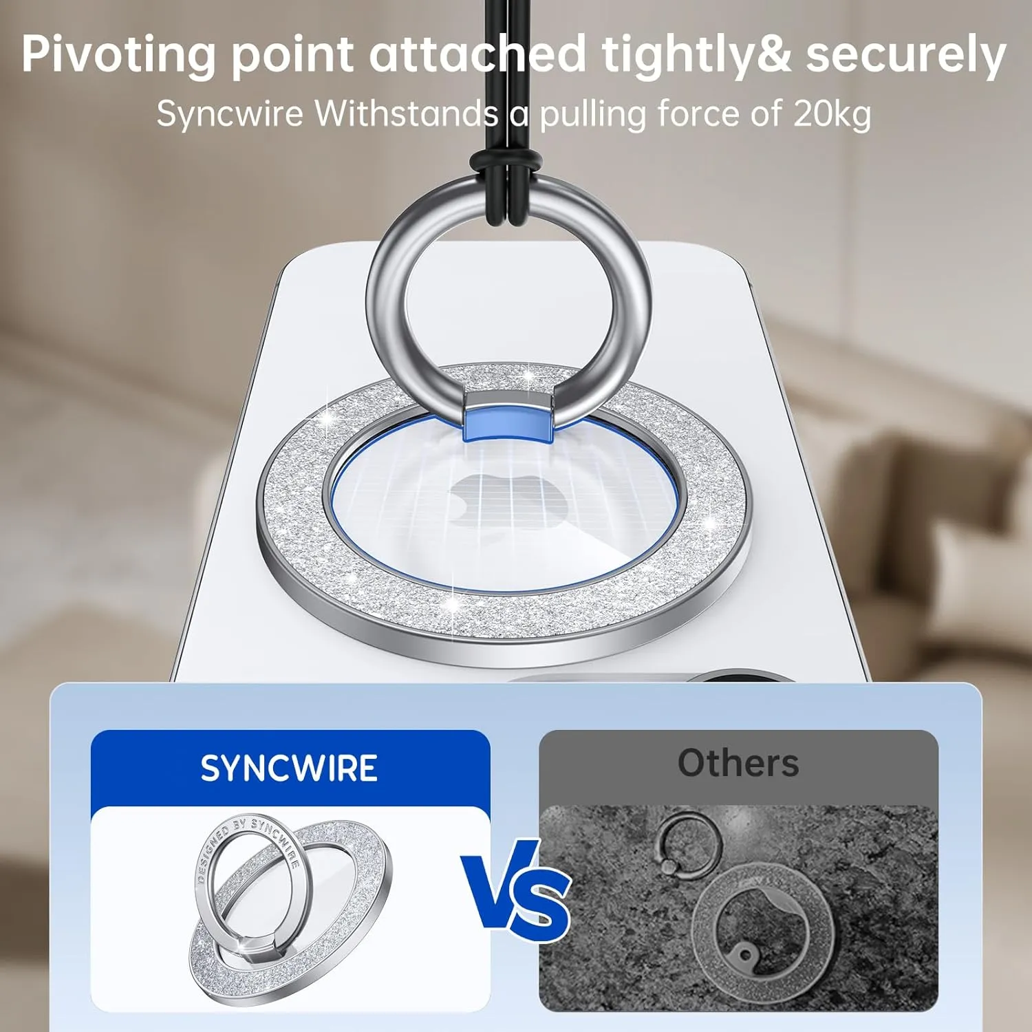 Syncwire Magnetic Phone Grip for MagSafe, Bling Magnetic Phone Ring Holder, 360° Rotation with Floating Effect Cell Phone Ring Stand MagSafe Ring for iPhone 15 Pro Max 14 13 12 &All - Glitter Silver