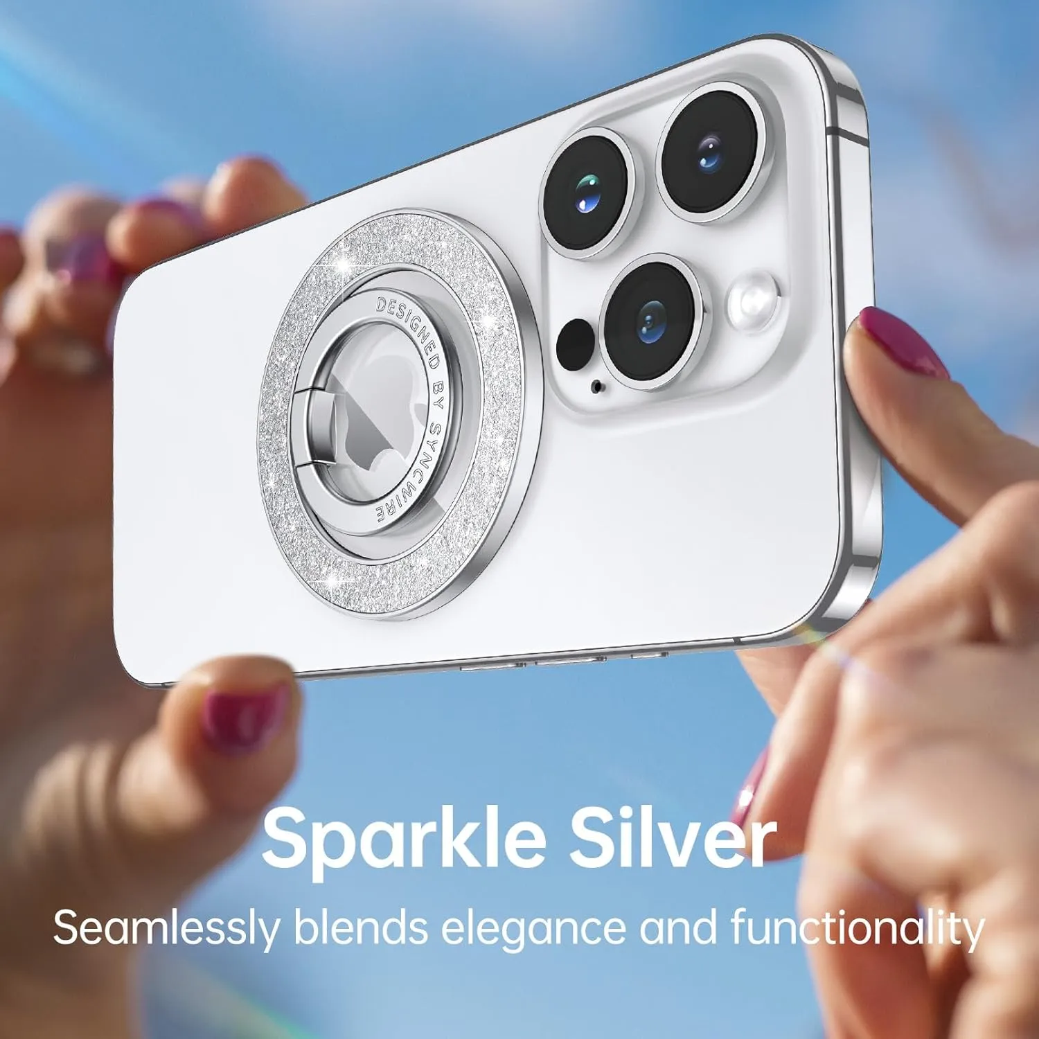 Syncwire Magnetic Phone Grip for MagSafe, Bling Magnetic Phone Ring Holder, 360° Rotation with Floating Effect Cell Phone Ring Stand MagSafe Ring for iPhone 15 Pro Max 14 13 12 &All - Glitter Silver
