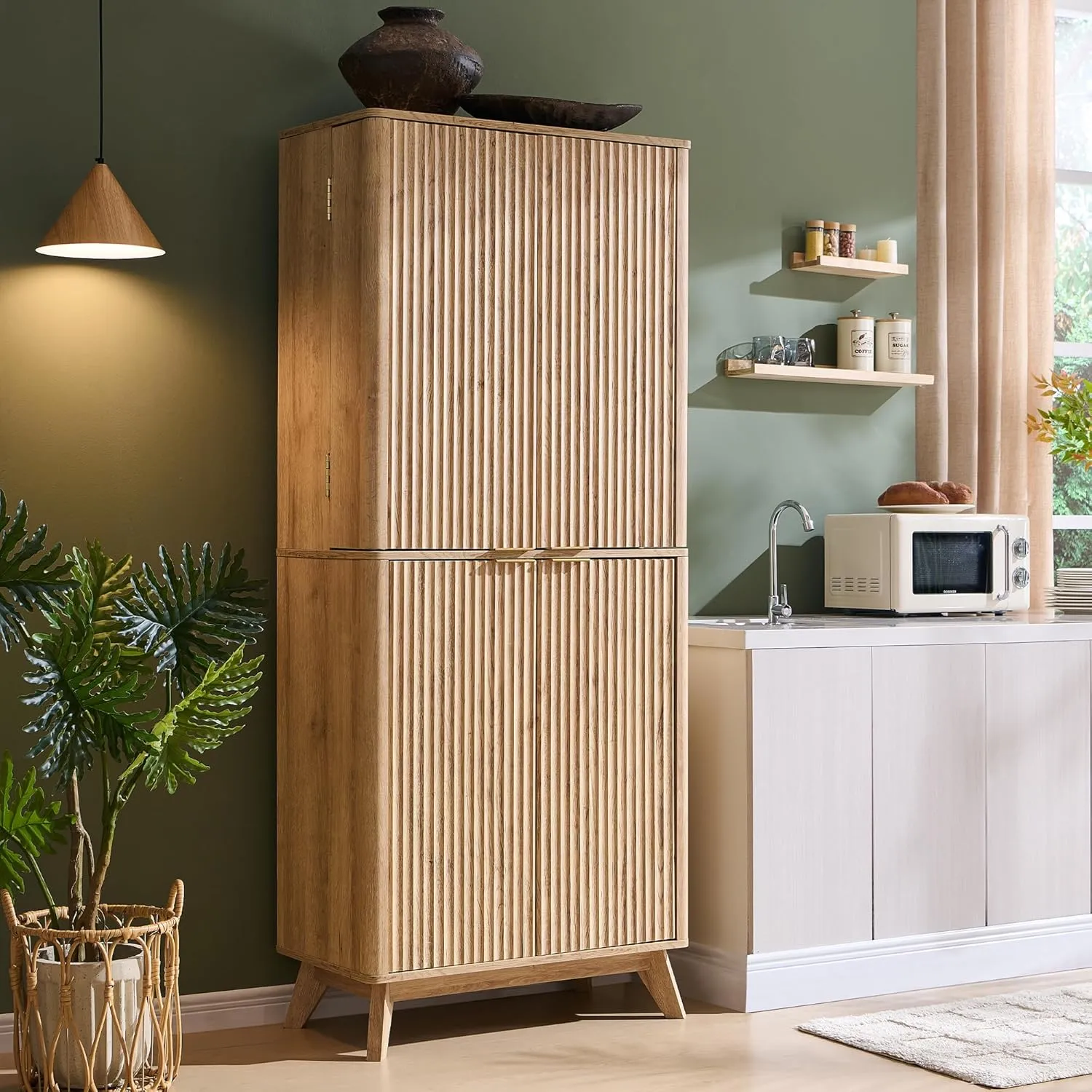 T4TREAM 72" Tall Fluted Pantry Storage Cabinet with Adjustable Shelves & Door Racks, Curved Profile Design, Spacious Dual-Zone Wood Organizer for Kitchen, Living Room, Natural Oak