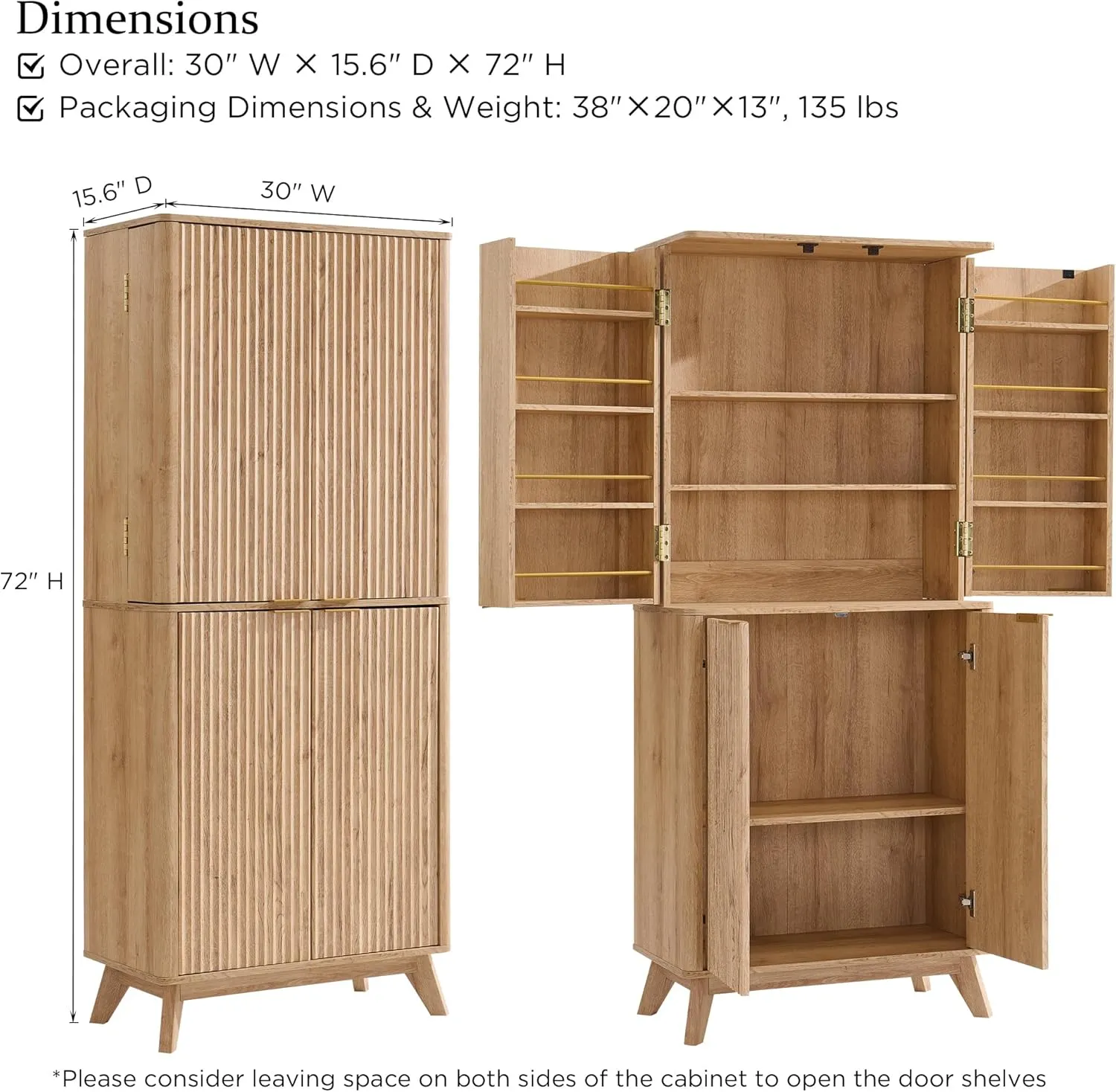 T4TREAM 72" Tall Fluted Pantry Storage Cabinet with Adjustable Shelves & Door Racks, Curved Profile Design, Spacious Dual-Zone Wood Organizer for Kitchen, Living Room, Natural Oak
