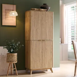 T4TREAM 72" Tall Fluted Pantry Storage Cabinet with Adjustable Shelves & Door Racks, Curved Profile Design, Spacious Dual-Zone Wood Organizer for Kitchen, Living Room, Natural Oak