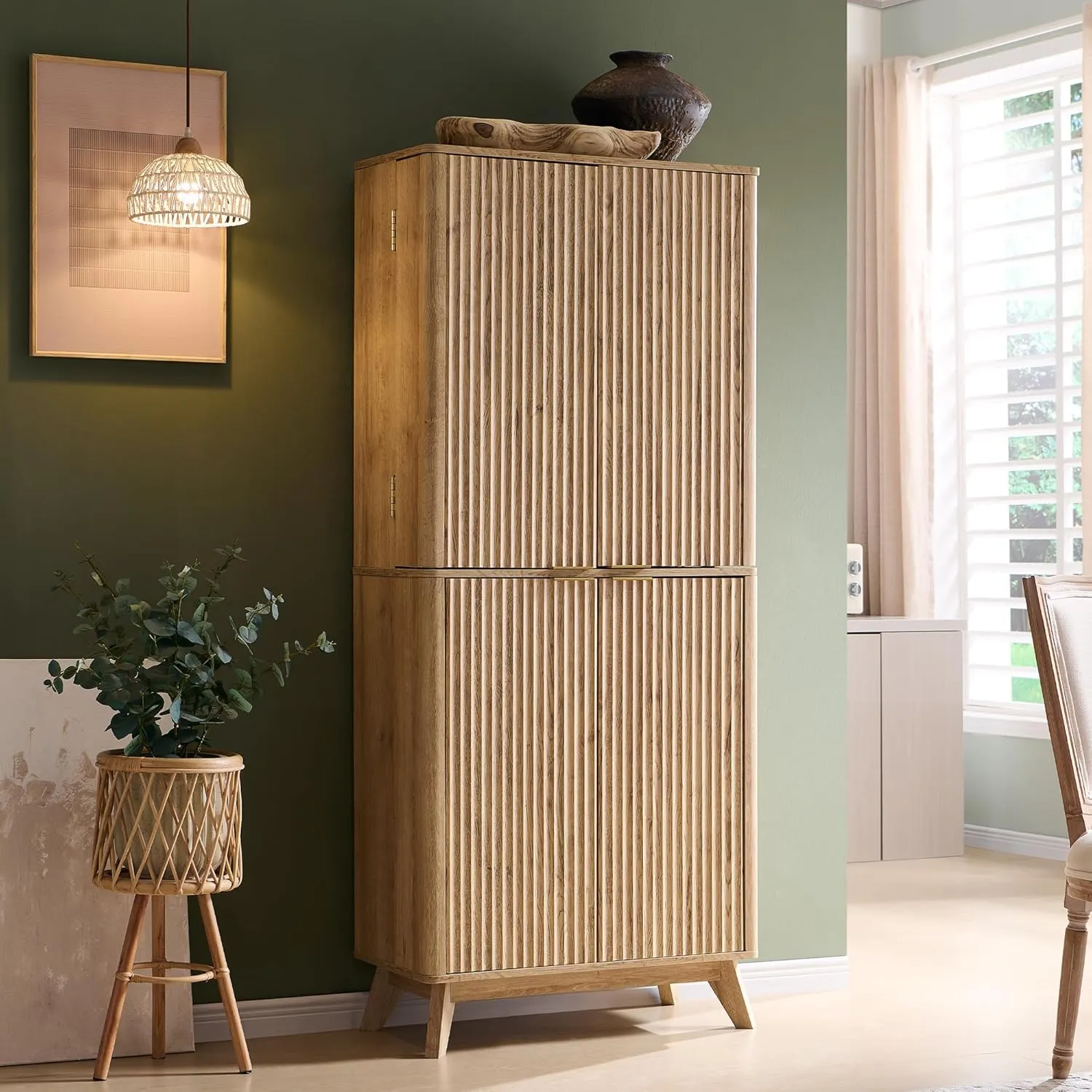 T4TREAM 72" Tall Fluted Pantry Storage Cabinet with Adjustable Shelves & Door Racks, Curved Profile Design, Spacious Dual-Zone Wood Organizer for Kitchen, Living Room, Natural Oak