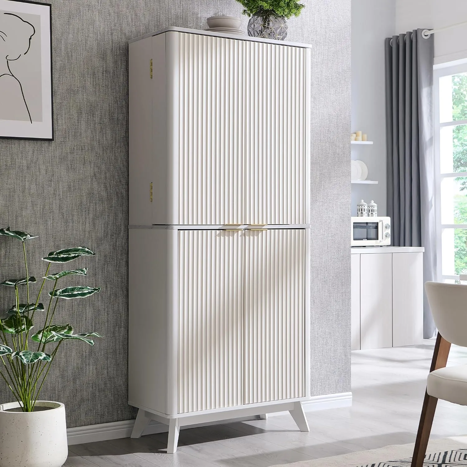 T4TREAM 72" Tall Fluted Pantry Storage Cabinet with Faux Marble Top, Adjustable Shelves & Door Racks, Curved Profile Design, Spacious Dual-Zone Wood Organizer for Kitchen, Living Room, Solid White