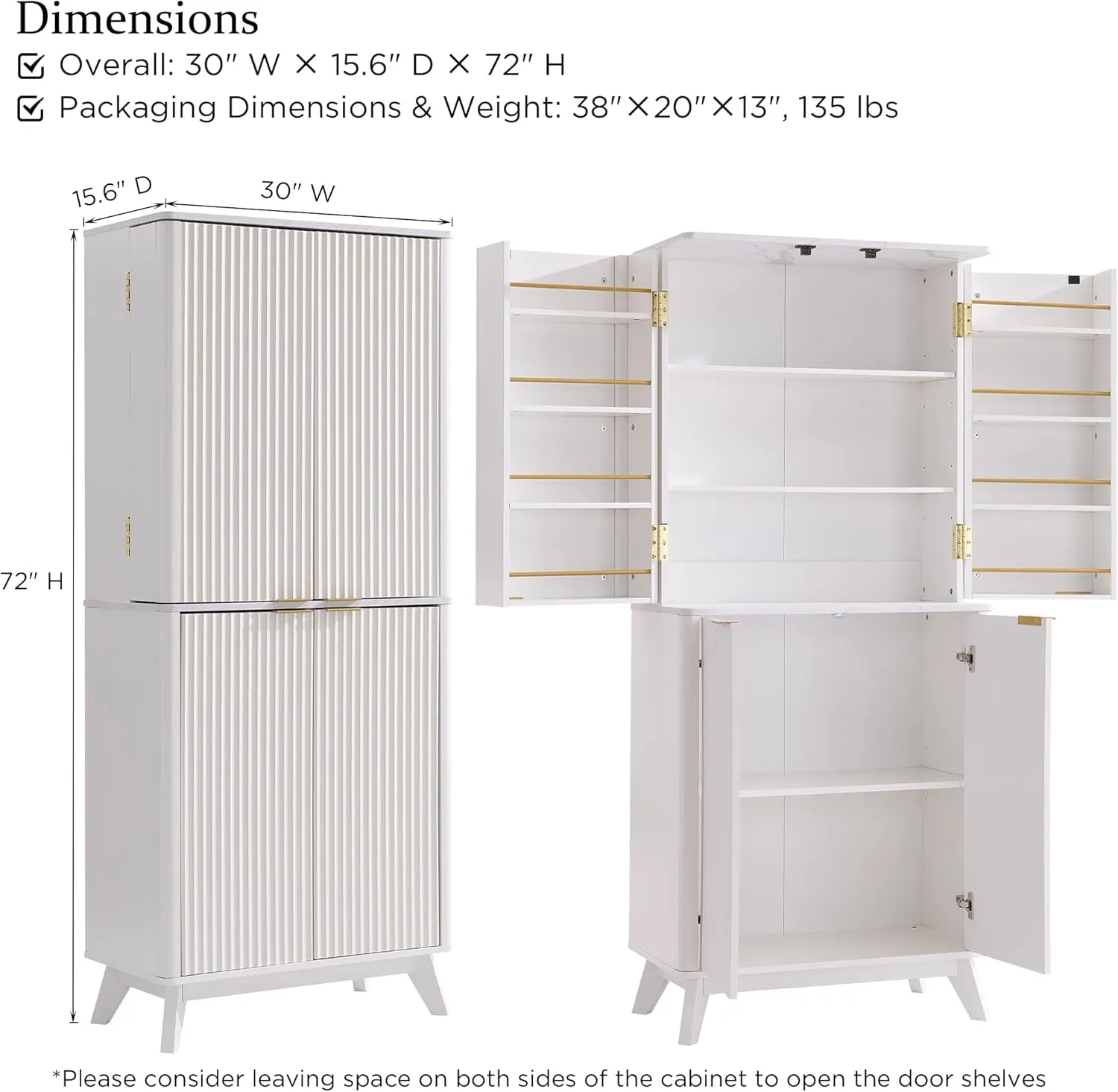 T4TREAM 72" Tall Fluted Pantry Storage Cabinet with Faux Marble Top, Adjustable Shelves & Door Racks, Curved Profile Design, Spacious Dual-Zone Wood Organizer for Kitchen, Living Room, Solid White