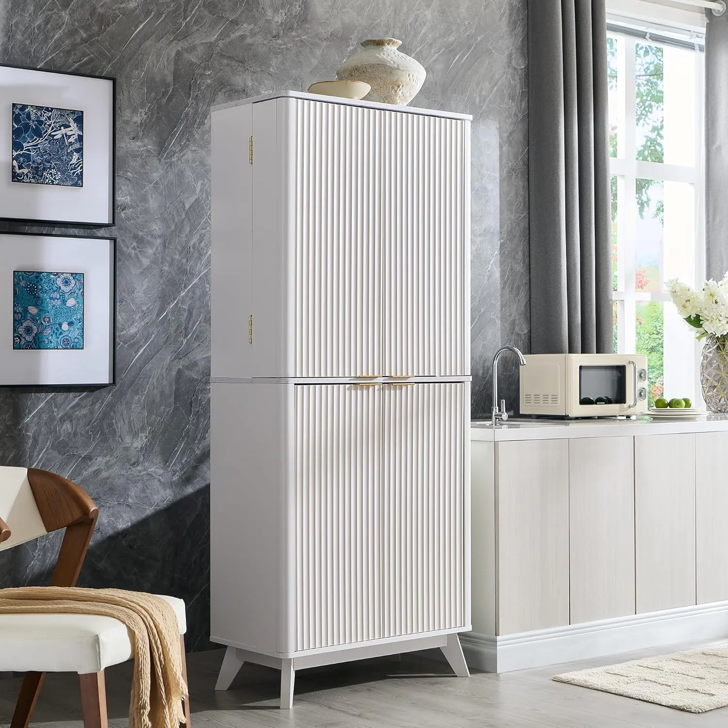 T4TREAM 72" Tall Fluted Pantry Storage Cabinet with Faux Marble Top, Adjustable Shelves & Door Racks, Curved Profile Design, Spacious Dual-Zone Wood Organizer for Kitchen, Living Room, Solid White