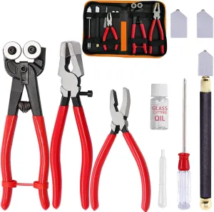 Tayfeim Glass Cutter Tool Glass Cutting Tool Set Kit with Glass Running Pliers Breaking Pliers Wheeled Tile Nippers Zipper Package, Oil Feed Glass Cutter for Stained Glass Mirror Tile Cut
