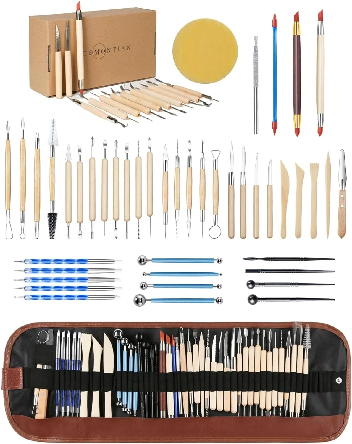 TEMONTlAN Clay Sculpting Tools,Air Dry,Pottery Tools,44 Pcs Double Sided Polymer Clay Tools Kit,Ceramics, Modeling Tools with Carrying Case Bag