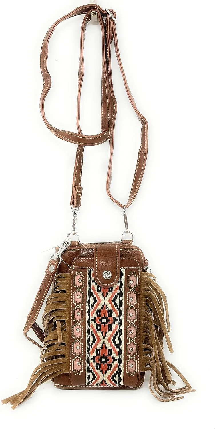 Texas West Western Style Small Embroidery Tassel Crossbody Cell Phone Purses Handbags with Coin Pocket in 3 colors
