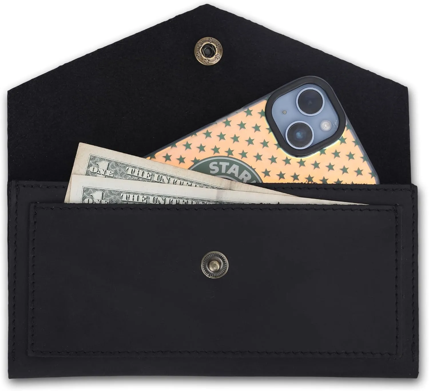The Antiq Black Genuine Leather Wallets for Women - Stylish Money Bag Leather Cash Envelope Wallet & Mobile Holder - Travel Money Pouch for Cash Small Money Bag for Cash Budgeting Currency Holder
