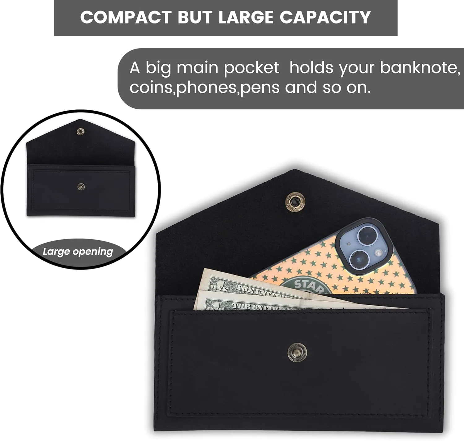 The Antiq Black Genuine Leather Wallets for Women - Stylish Money Bag Leather Cash Envelope Wallet & Mobile Holder - Travel Money Pouch for Cash Small Money Bag for Cash Budgeting Currency Holder