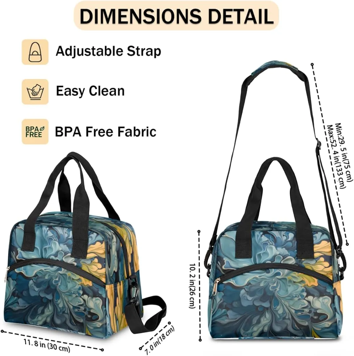 The Food Art Theme Insulated Lunch Bag Women Reusable Lunch Tote for Adult Men Adjustable Shoulder Strap Cooler Durable Lunch Box for Picnic Office Work Travel