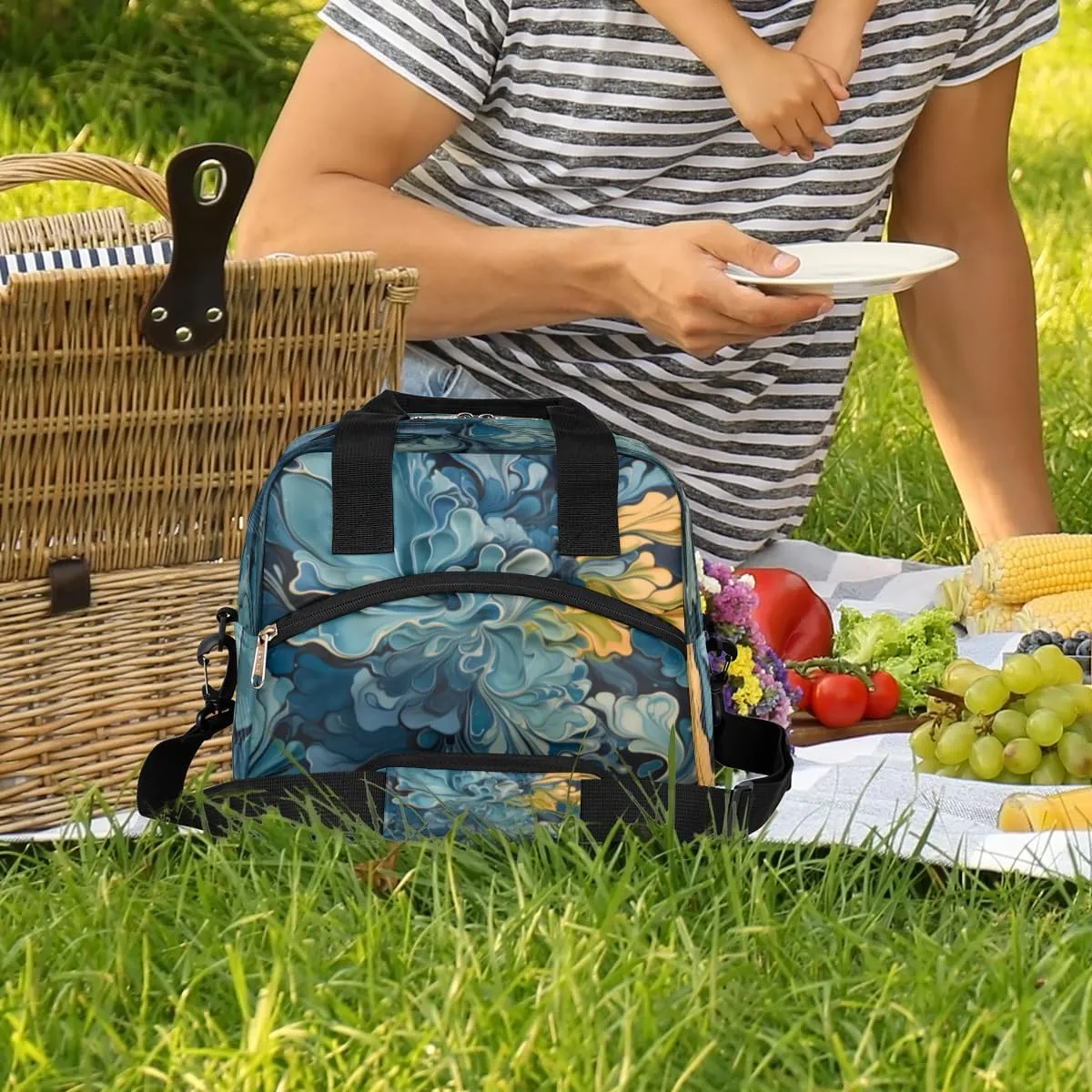 The Food Art Theme Insulated Lunch Bag Women Reusable Lunch Tote for Adult Men Adjustable Shoulder Strap Cooler Durable Lunch Box for Picnic Office Work Travel