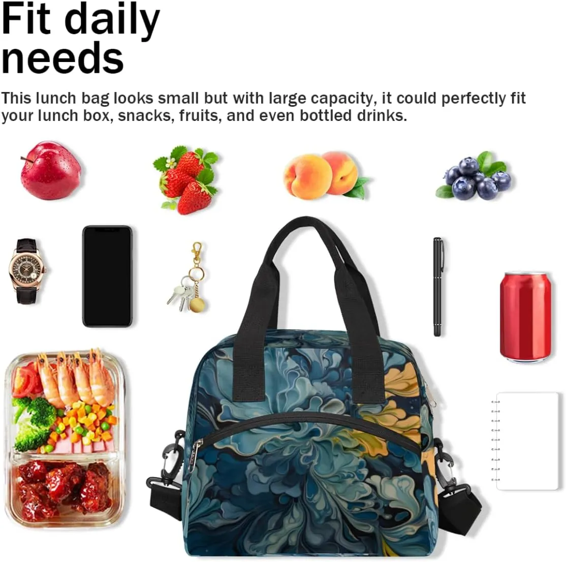The Food Art Theme Insulated Lunch Bag Women Reusable Lunch Tote for Adult Men Adjustable Shoulder Strap Cooler Durable Lunch Box for Picnic Office Work Travel