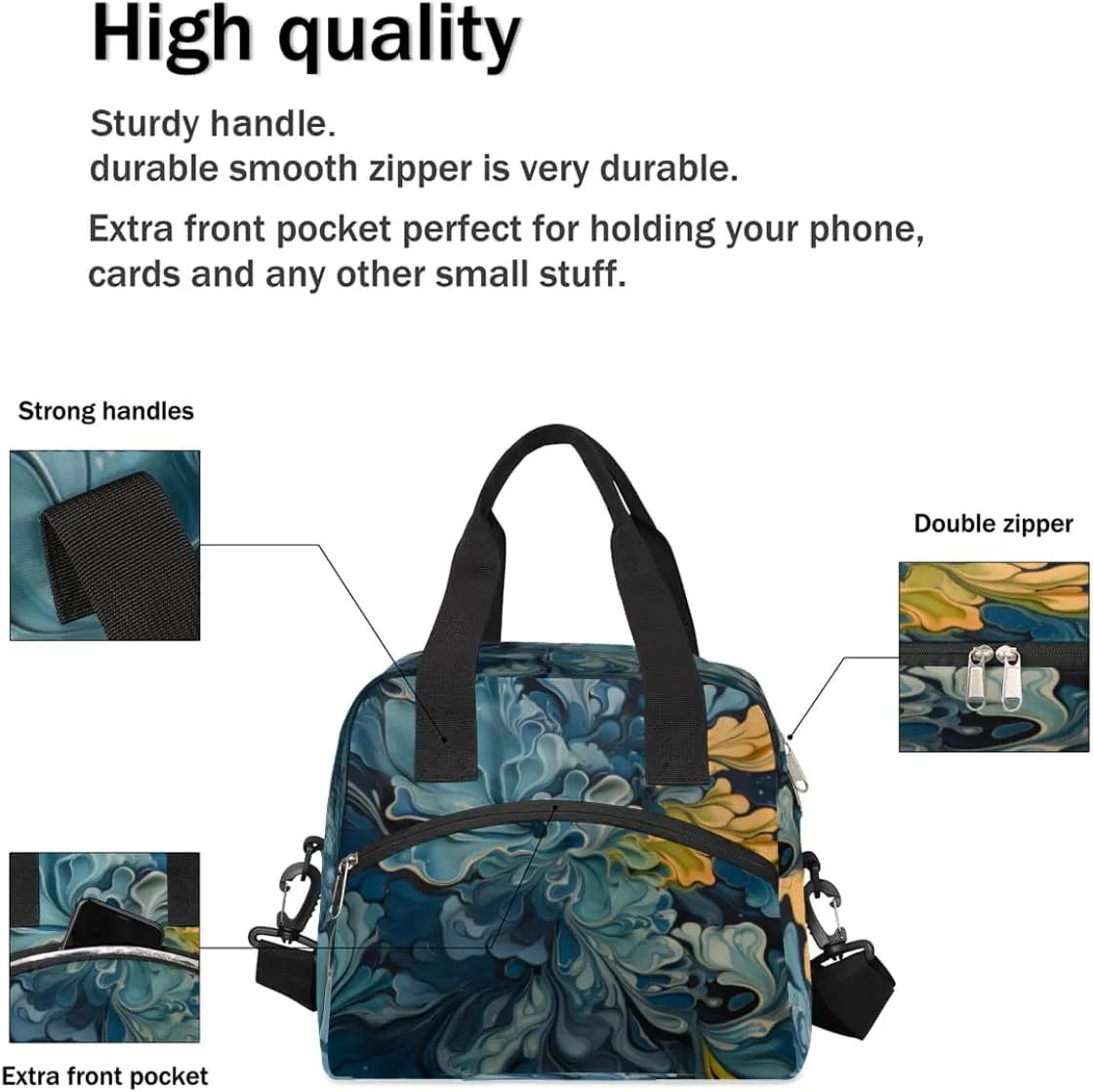 The Food Art Theme Insulated Lunch Bag Women Reusable Lunch Tote for Adult Men Adjustable Shoulder Strap Cooler Durable Lunch Box for Picnic Office Work Travel