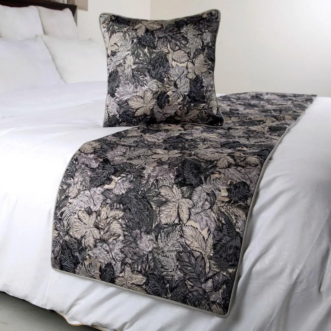 The HomeCentric Decorative Designer Handmade Bed Runner Without Pillow Cover, 90 x 18 Inch Quilted Leaf Designer King Size Bed Scarf in Satin and Embroidery Bed Linen Foot Warmer Home - Grey Maple